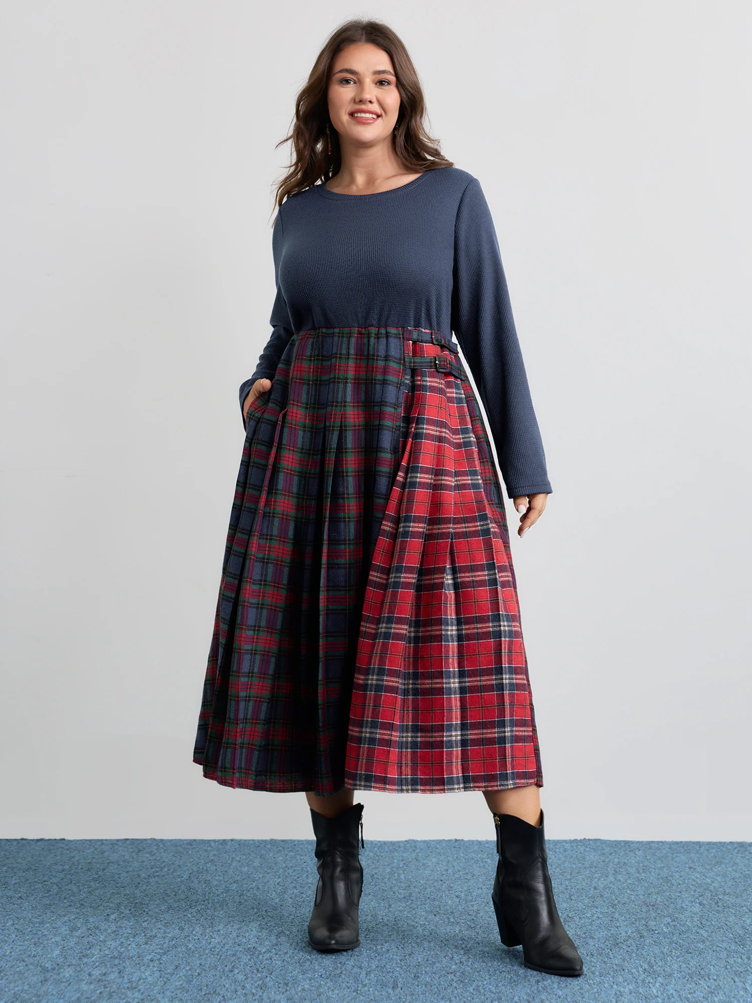 Plaid Waffle Color Contrast Midi Dress