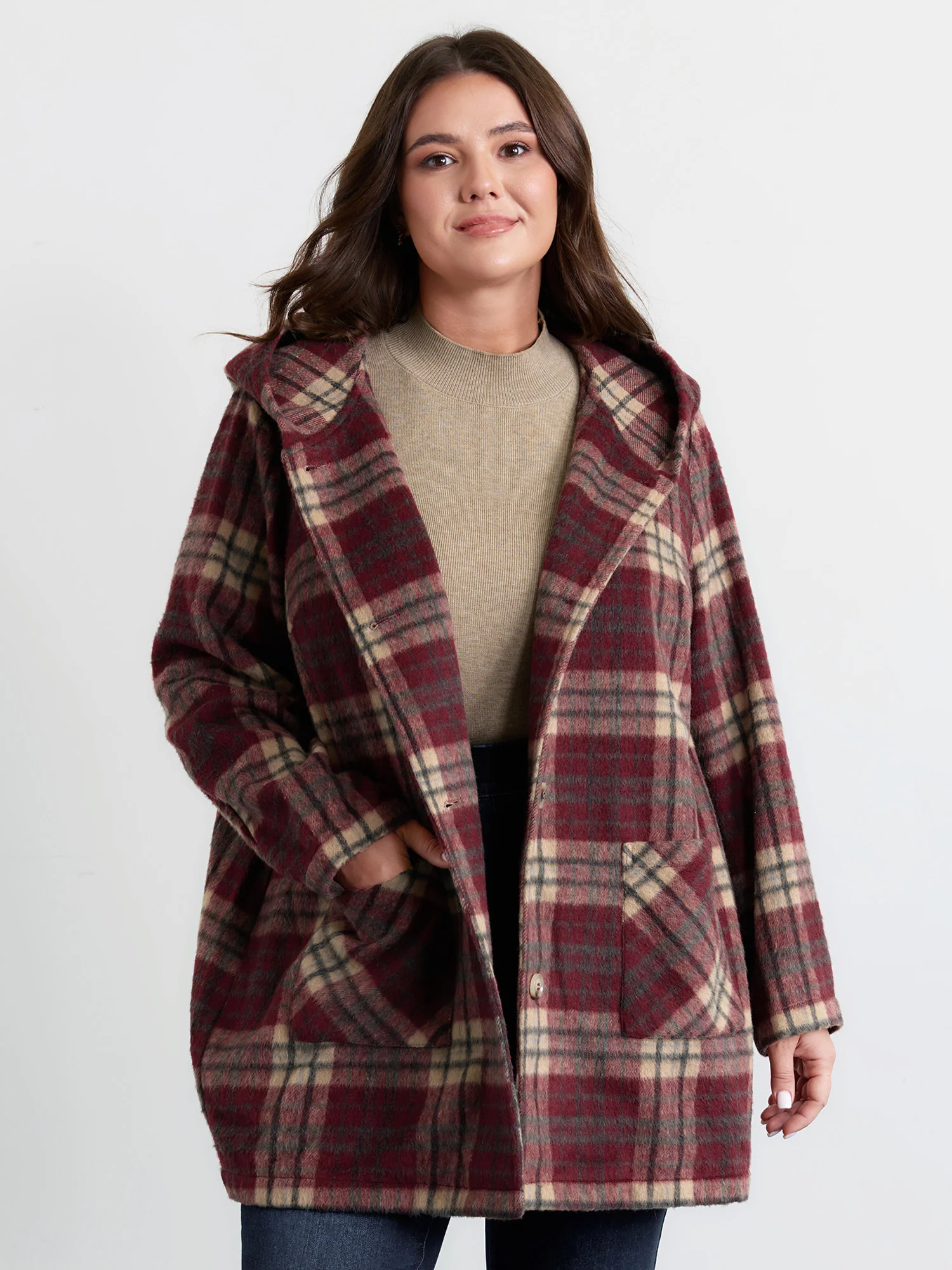Plaid Fleece Hooded Button Coat