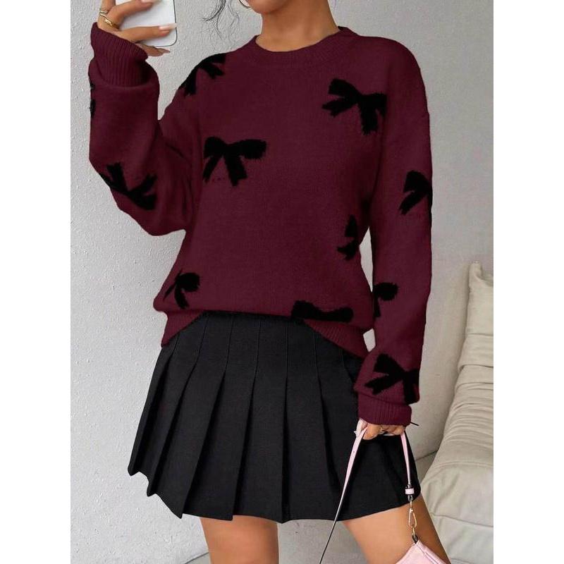 🔥Last day promotion⚡Fashion Bow Print Casual Loose Knitted Sweater Pullover Autumn/Winter Women Pullovers New O-Neck Full Sleeve Knit Sweater