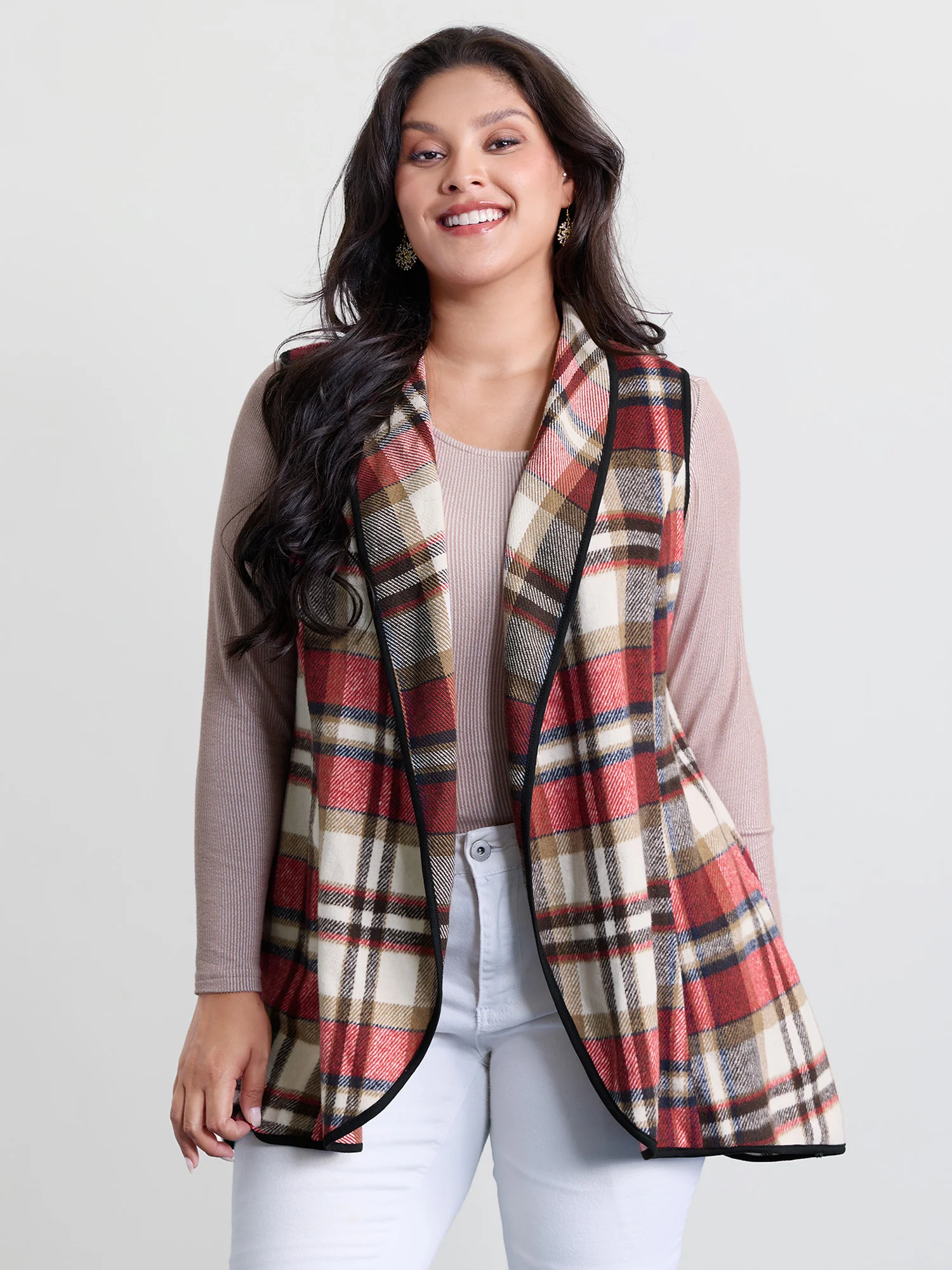 Plaid Curvy Hem Open-Front Vest