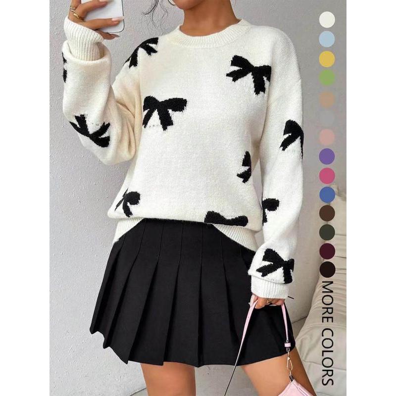 🔥Last day promotion⚡Fashion Bow Print Casual Loose Knitted Sweater Pullover Autumn/Winter Women Pullovers New O-Neck Full Sleeve Knit Sweater
