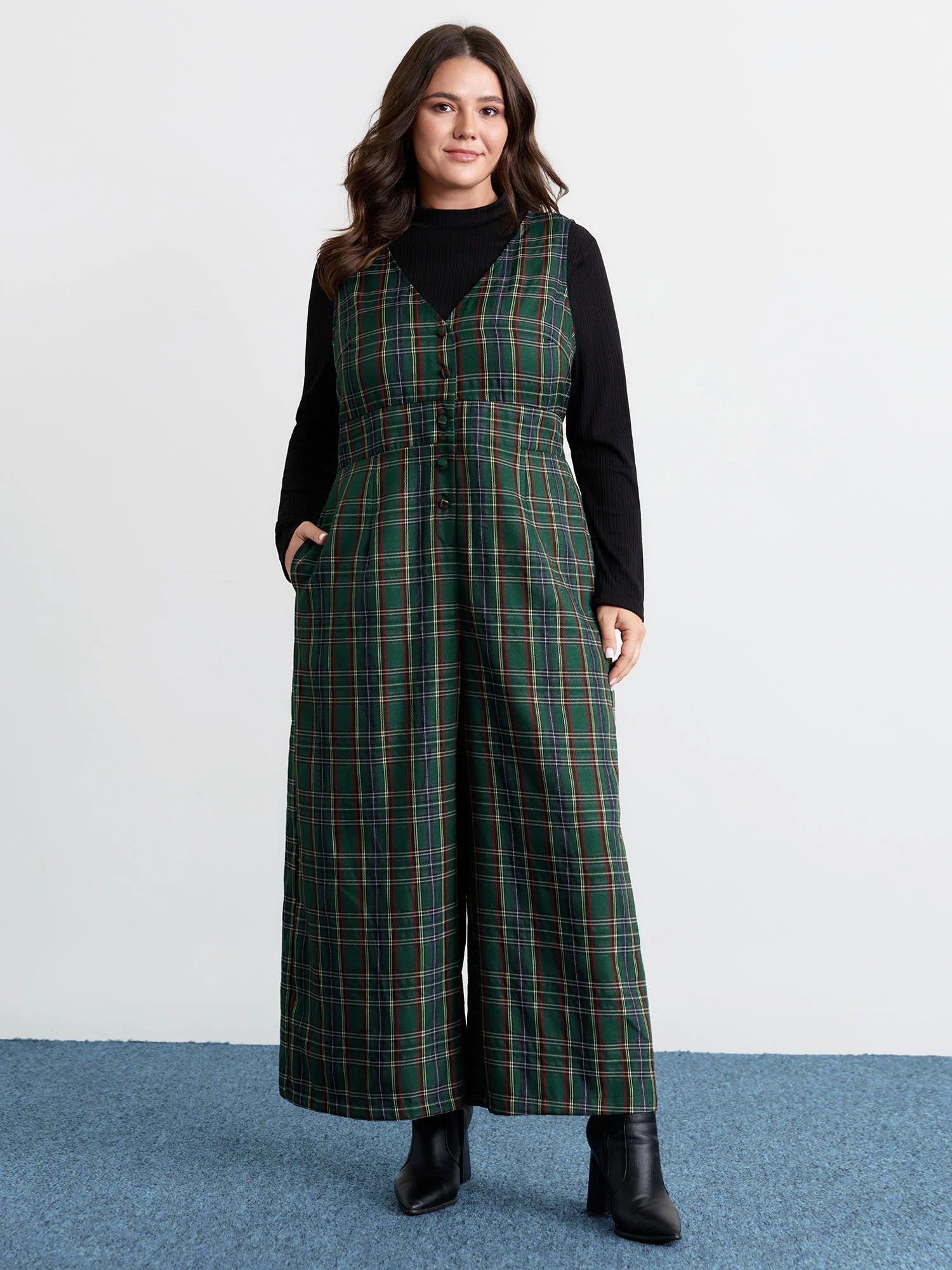 Plaid Print V-Neck Straight-Leg Jumpsuit