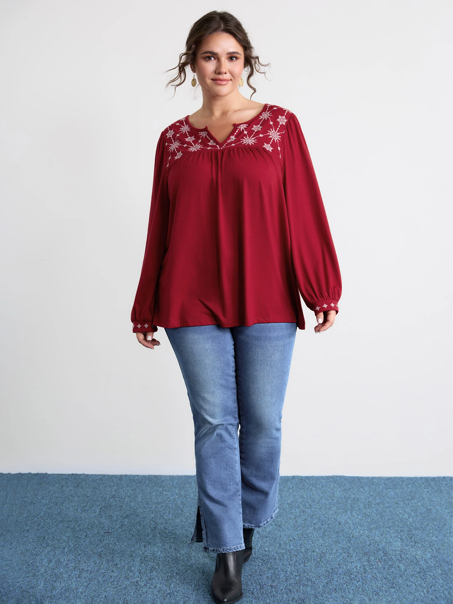Holiday Embroidered Neckline Pleated Knit Top