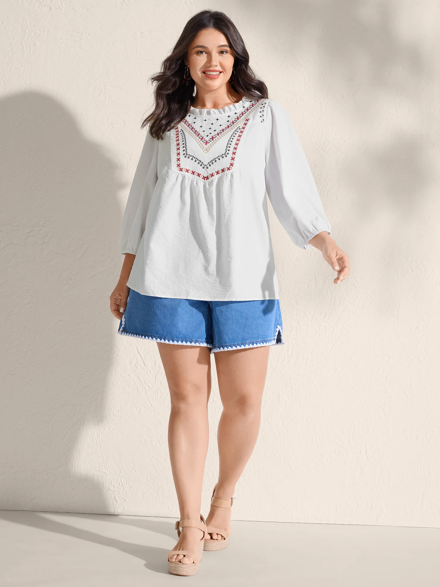 Boho Embroidered Neckline Ruffled Neck Blouse