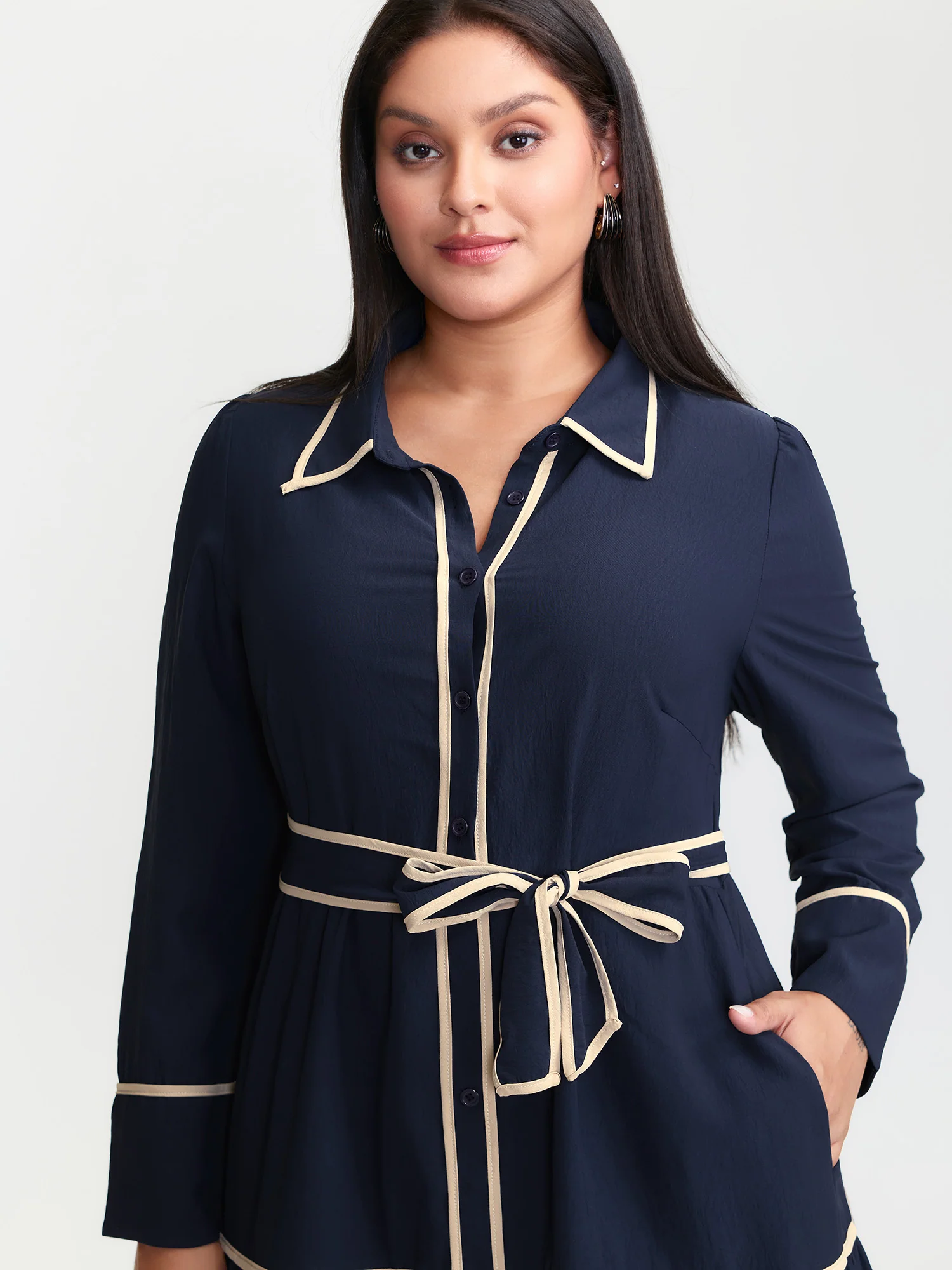Color Contrast Belted Maxi Shirt Dress