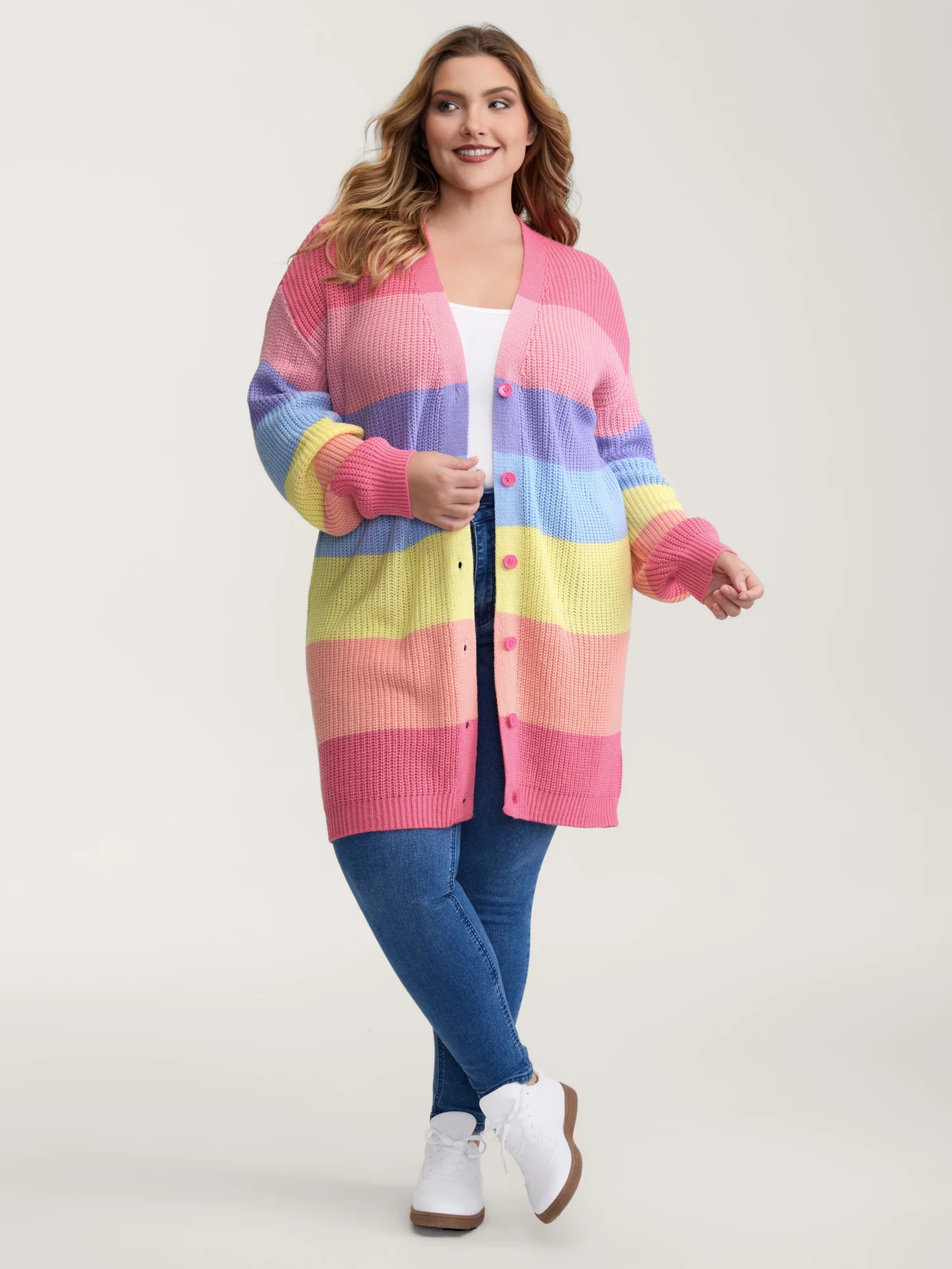Colorblock Contrast Texture Button Cardigan