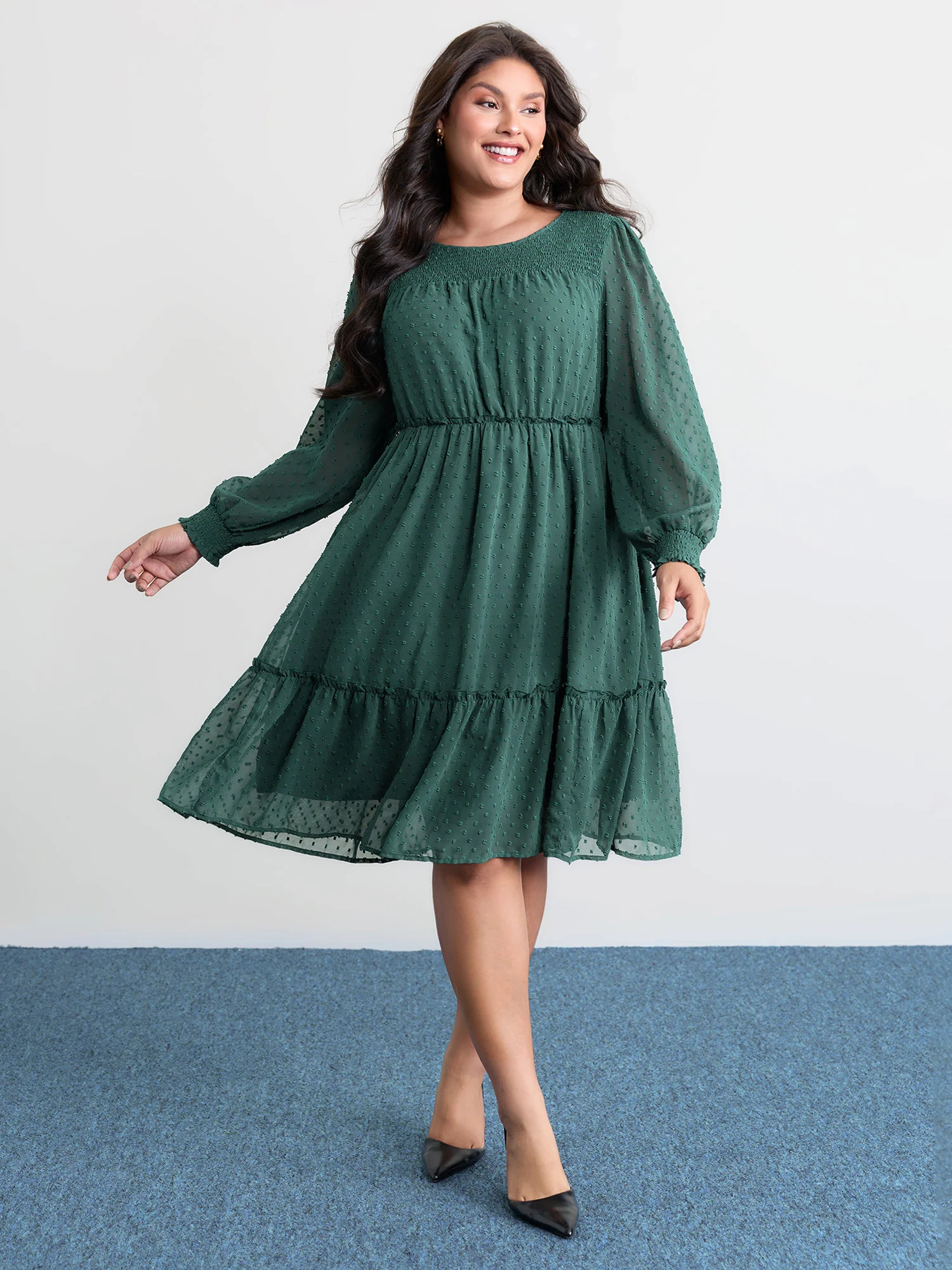 Chiffon Textured Shirred Ruffled Midi Dress
