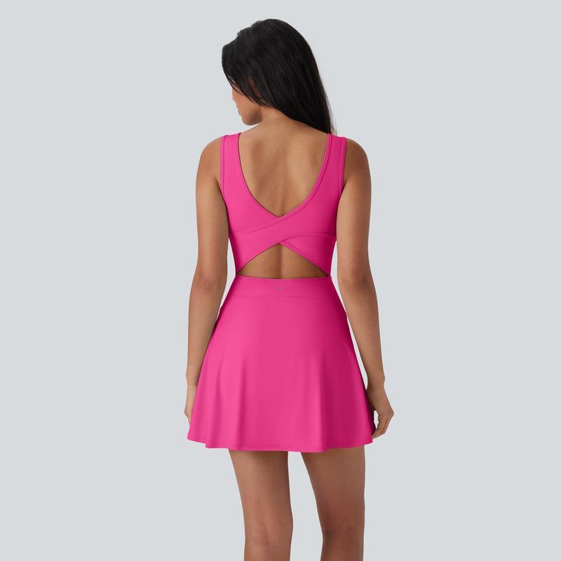 Women's U-Neck Backless Active Dress with Built-In Shorts