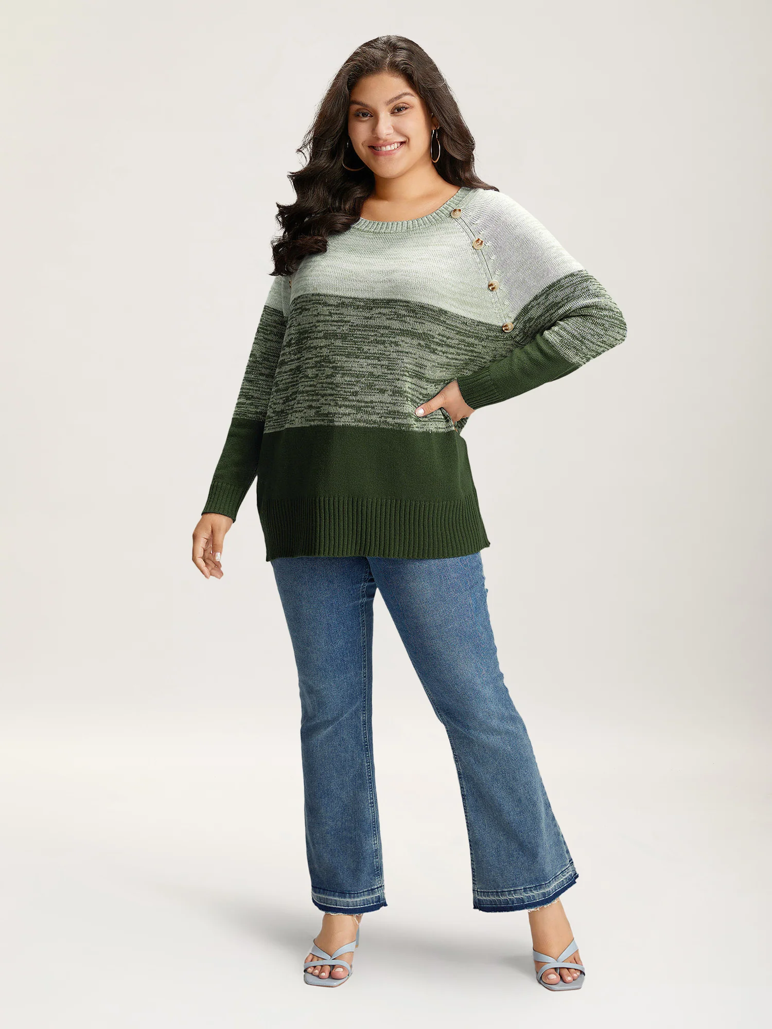 Colorblock Contrast Heather Button Detail Pullover