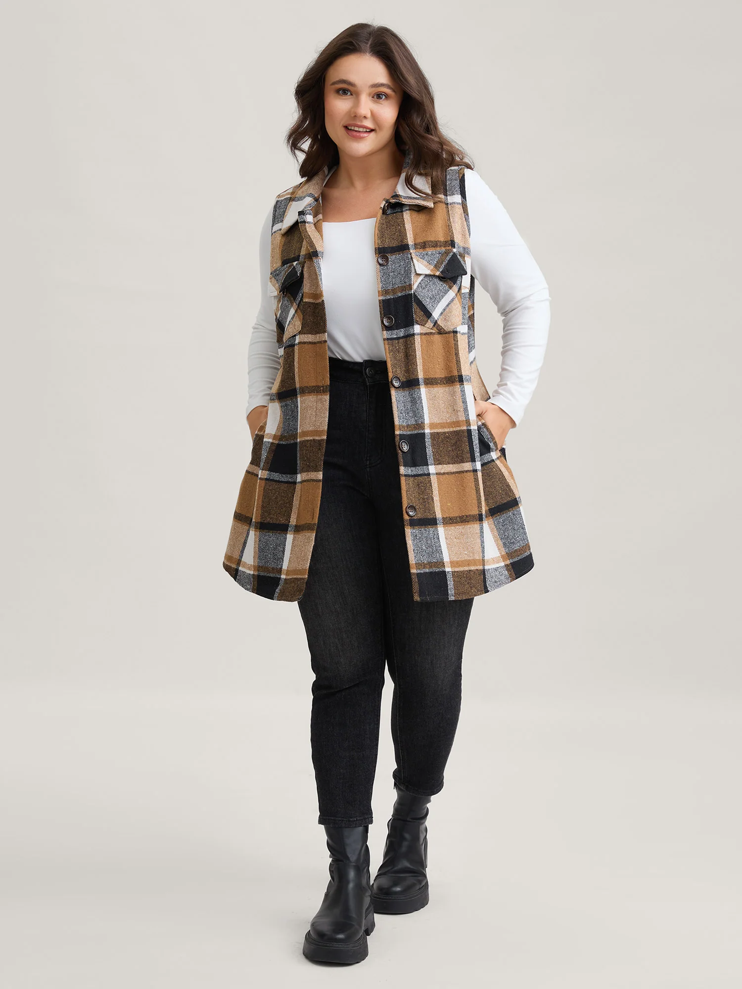 Plaid Flap Detail Sleeveless Jacket