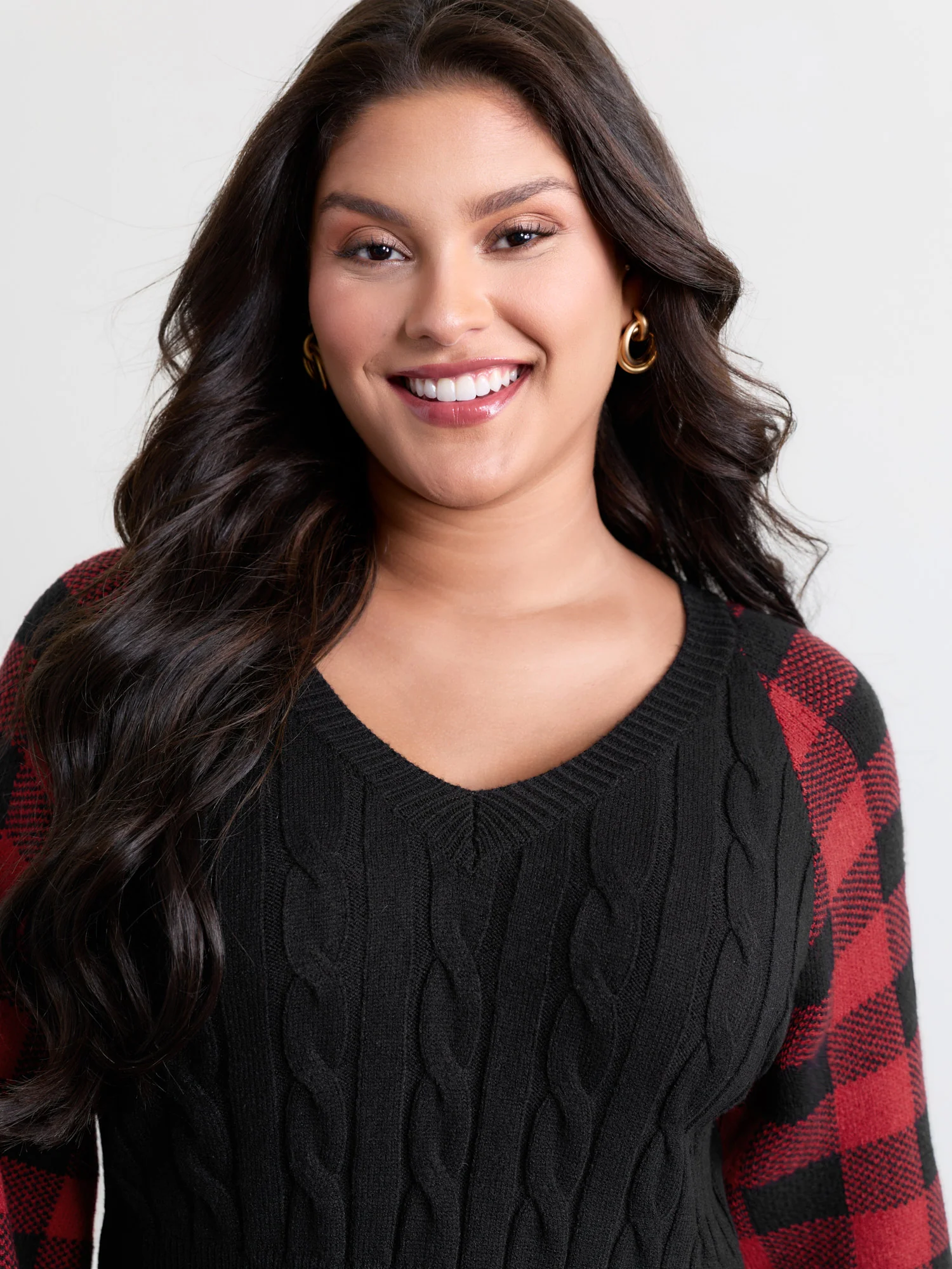 Check Jacquard Cableknit Cinched-Waist Pullover