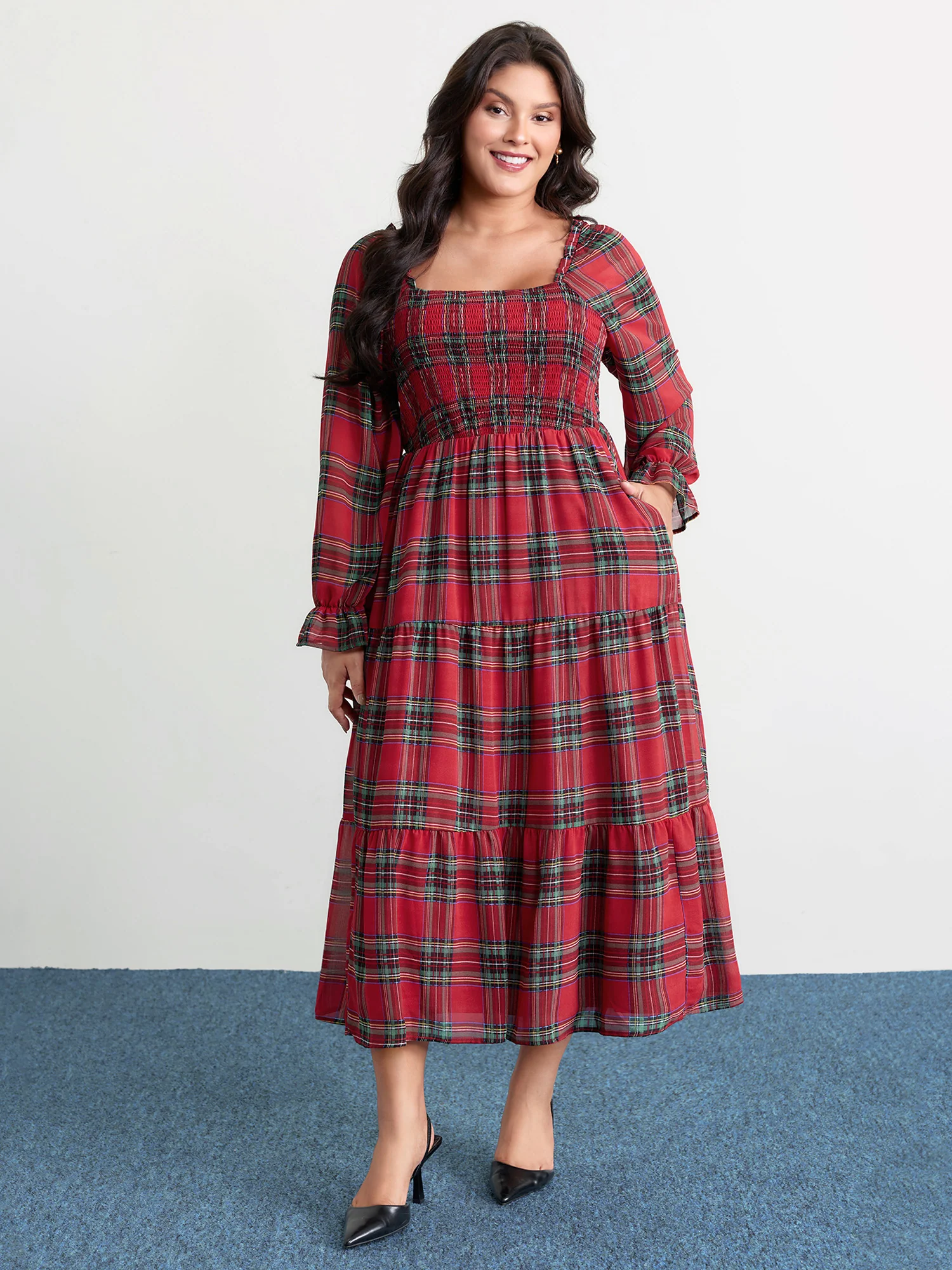Holiday Plaid Shirred Bodice Maxi Dress