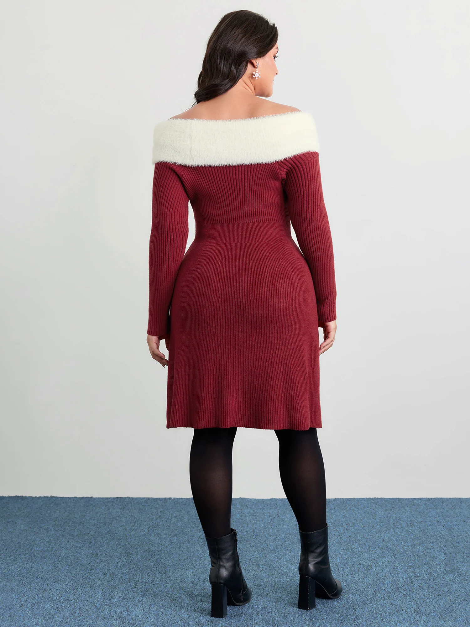 Fuzzy Off-Shoulder Color Block Sweater Dress