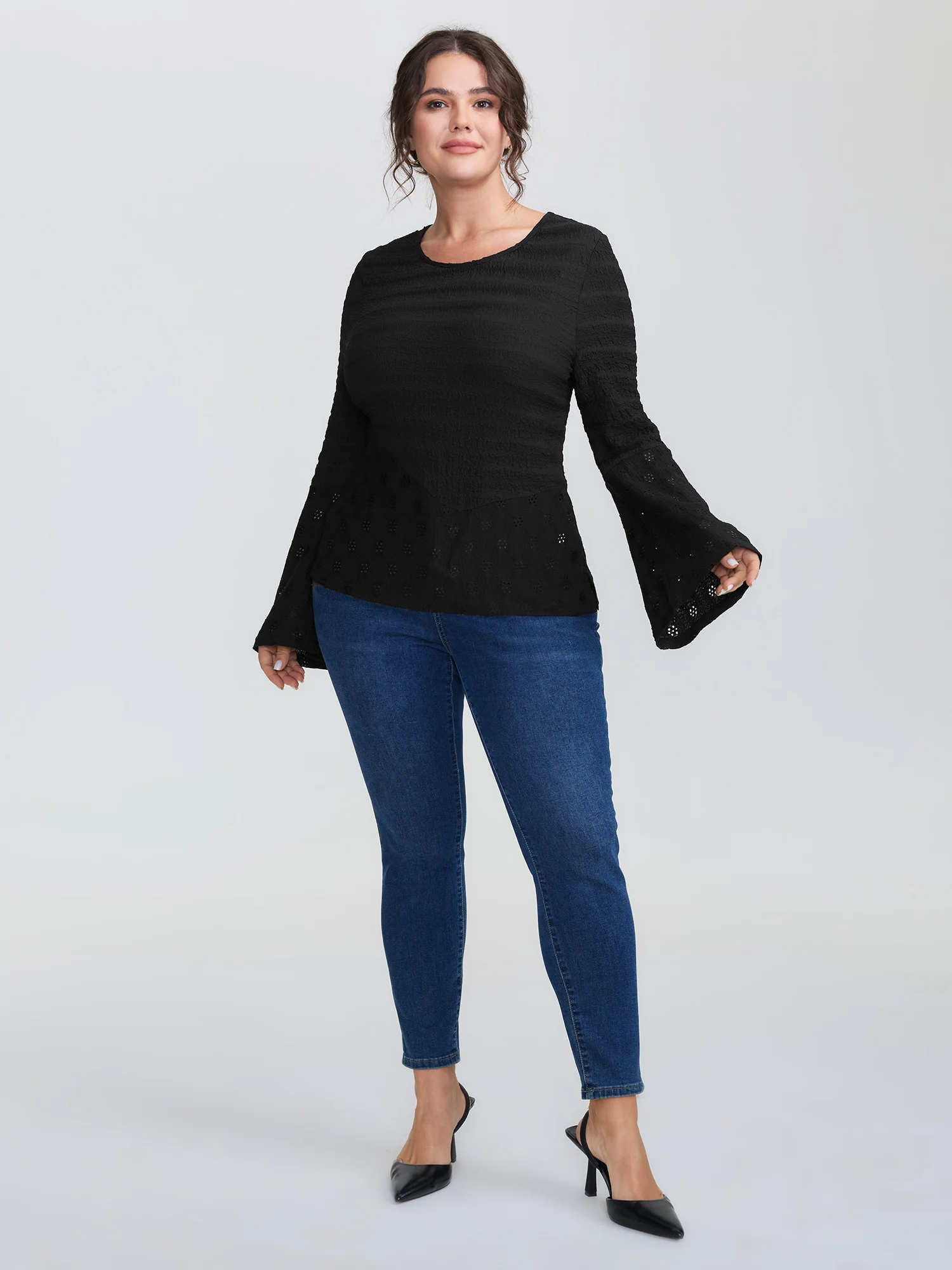 Floral Cut Out Flared Sleeve Knit Top