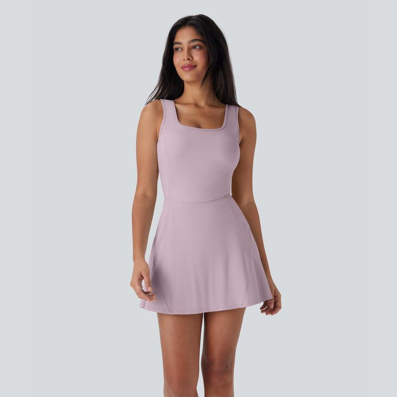 Women's U-Neck Backless Active Dress with Built-In Shorts