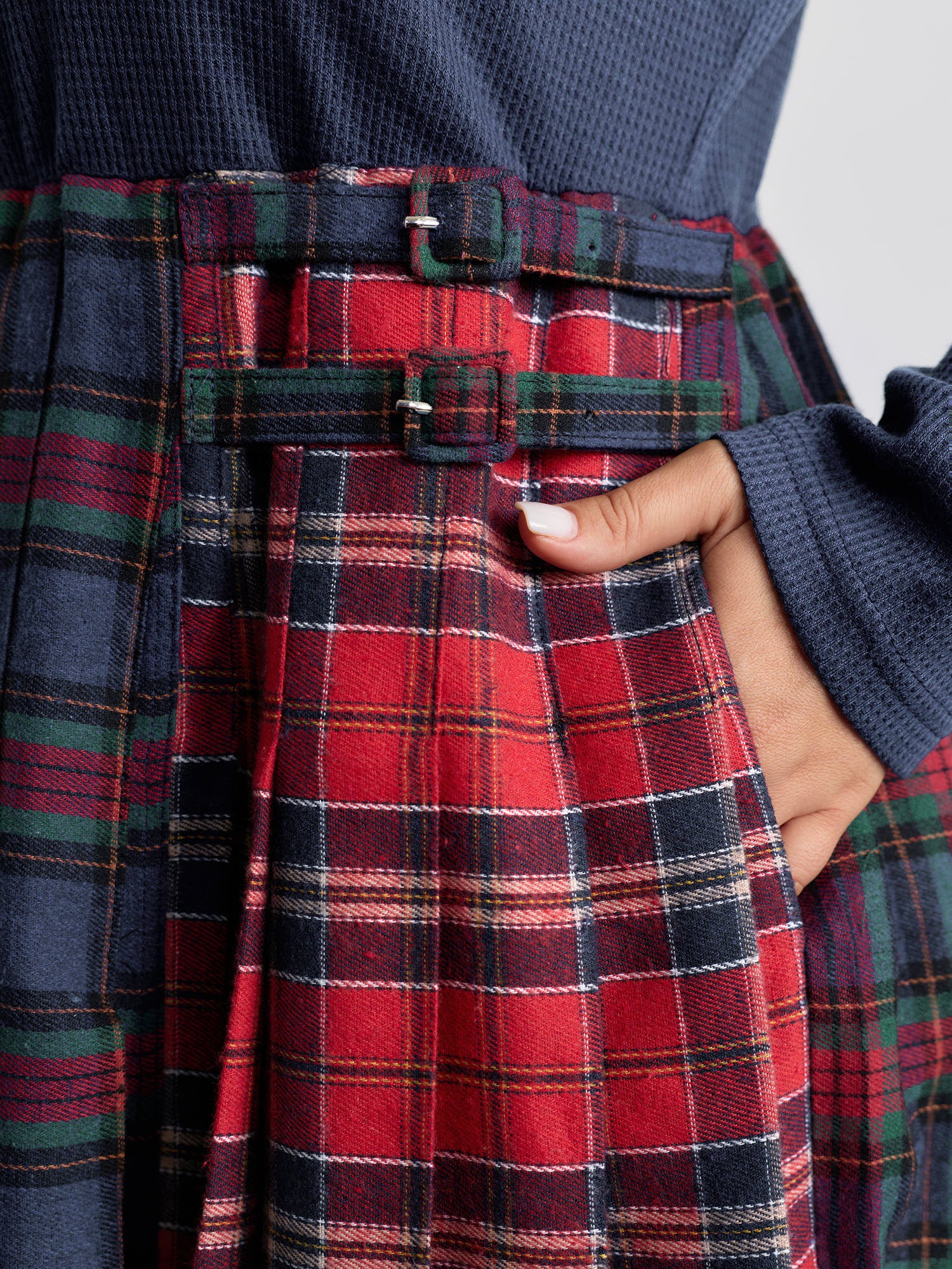 Plaid Waffle Color Contrast Midi Dress