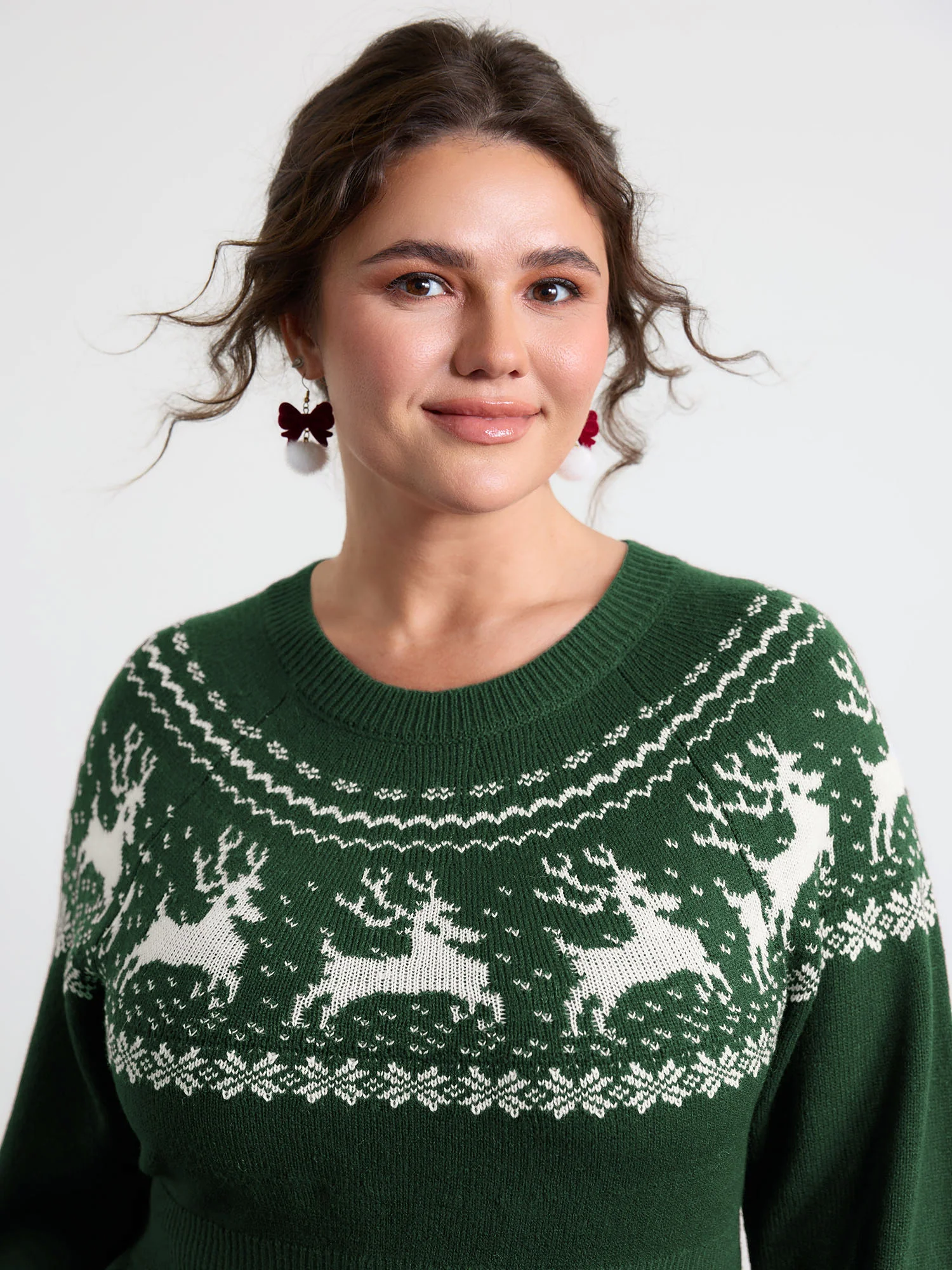 Reindeer Print Cinched-Waist Sweater Midi Dress