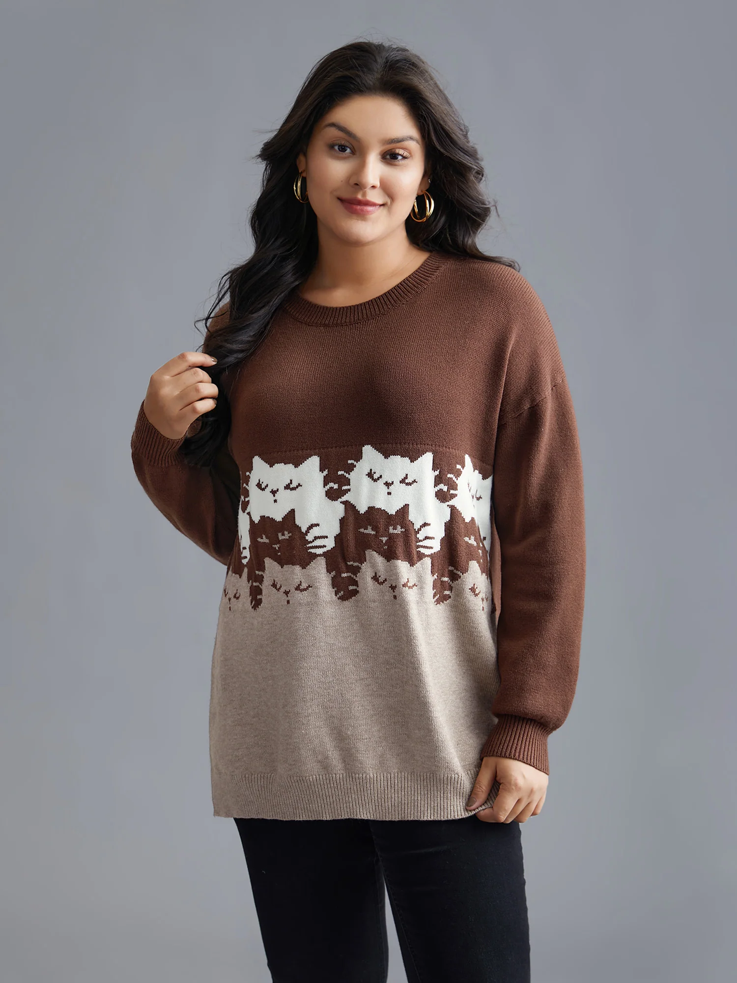 Cat Contrast Drop Shoulder Pullover