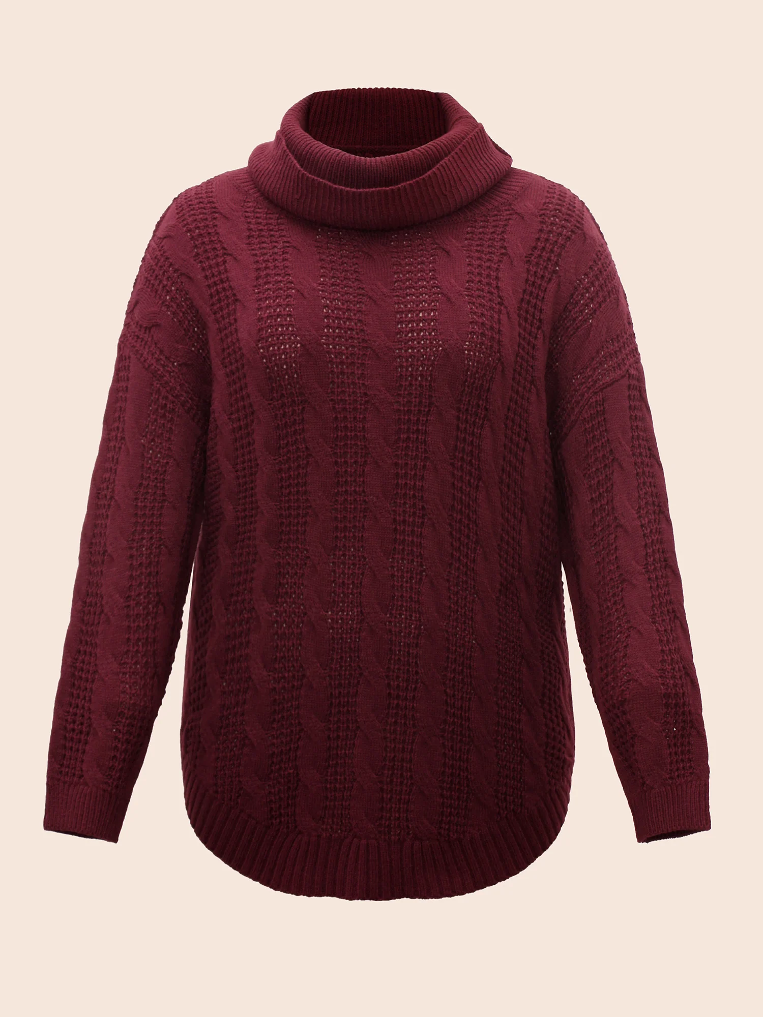 Turtleneck Cable Knit Curved Hem Pullover