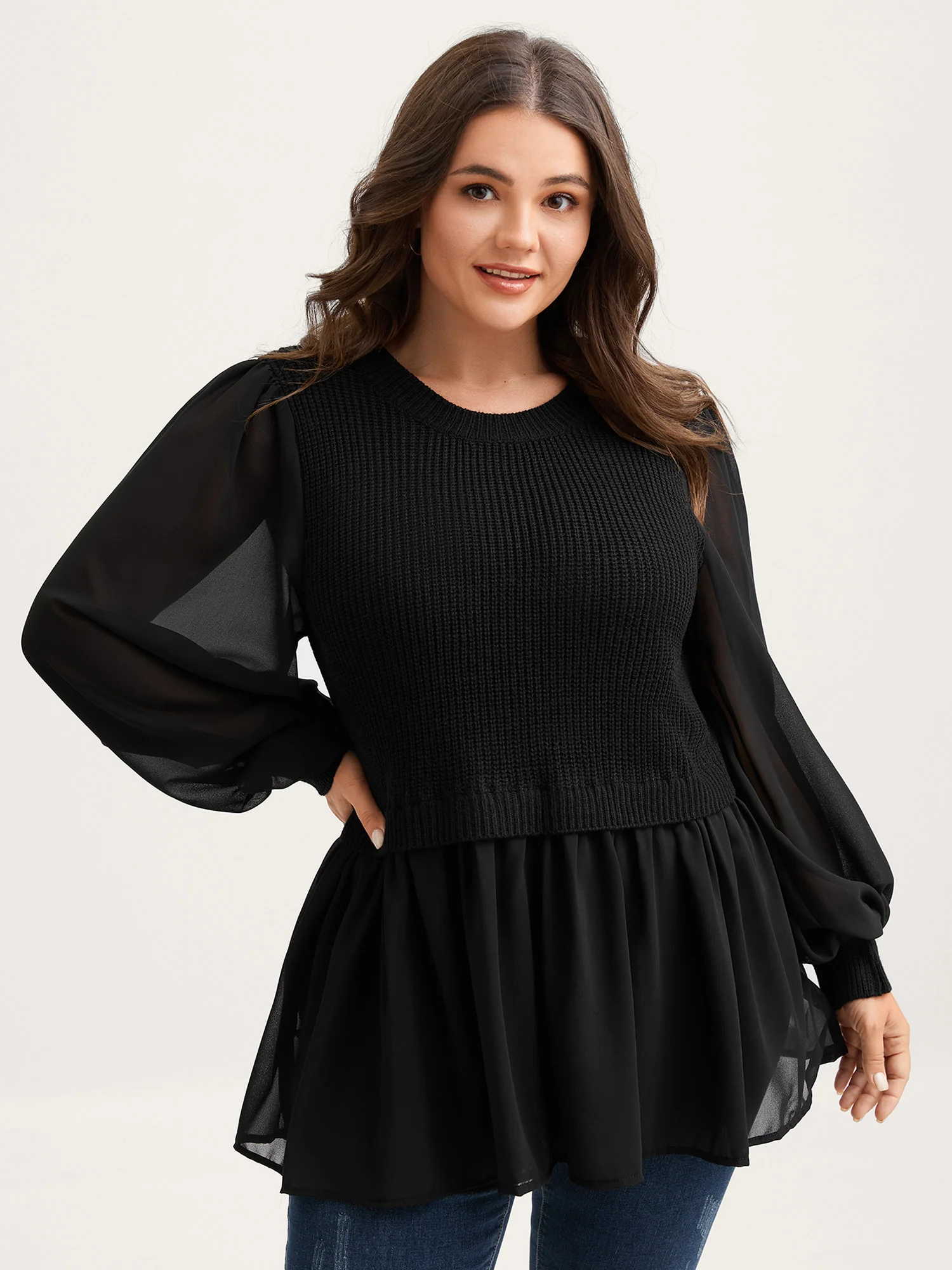 Balloon Sleeve Solid Twofer Sweater