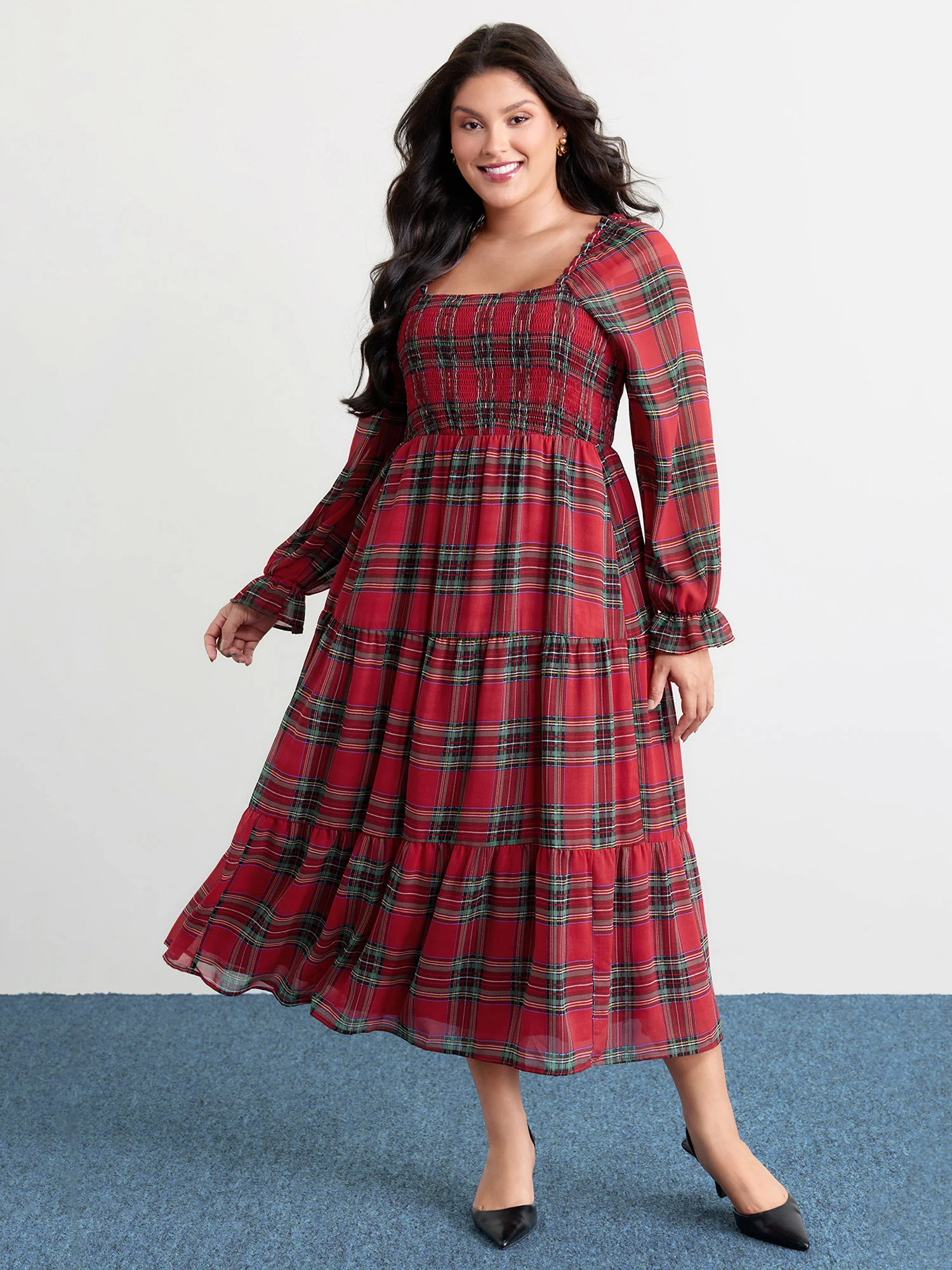 Holiday Plaid Shirred Bodice Maxi Dress