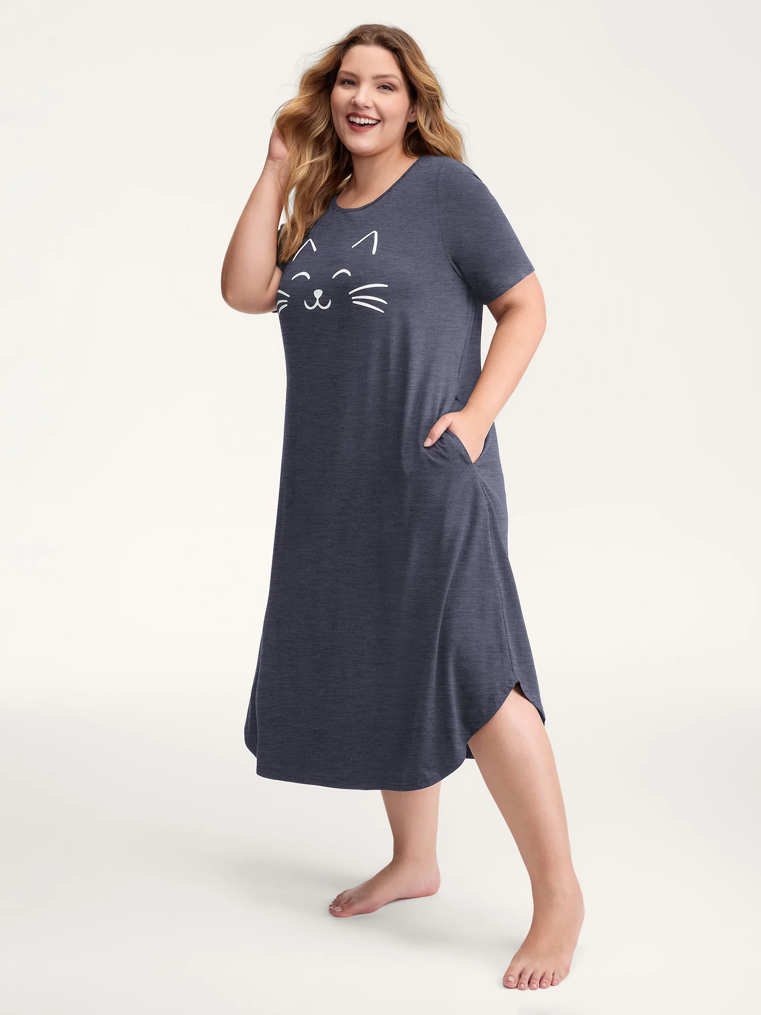 Happy Cat Print Stretchy Contrast Sleep Dress