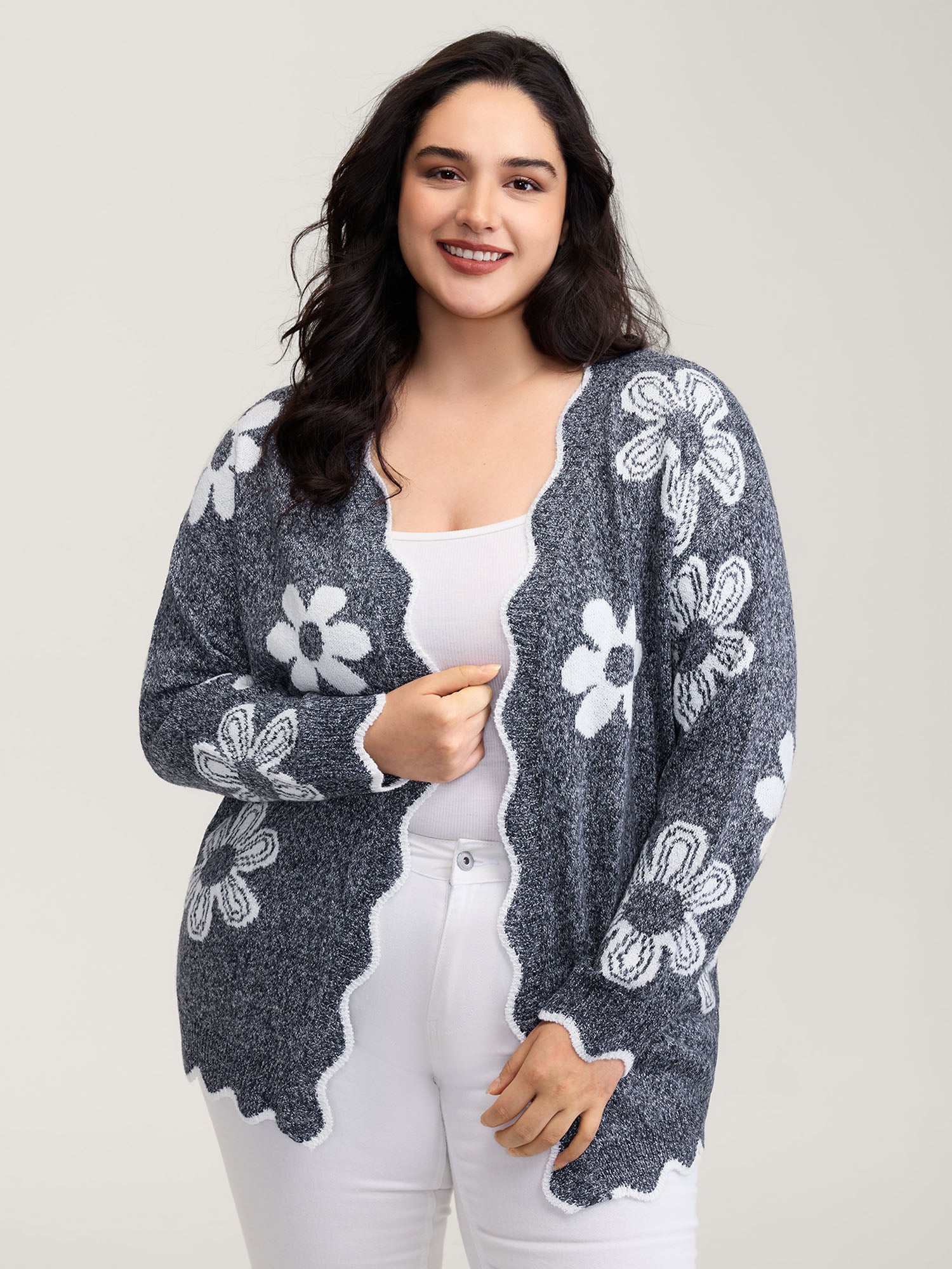Floral Pattern Open-Front Knitted Cardigan