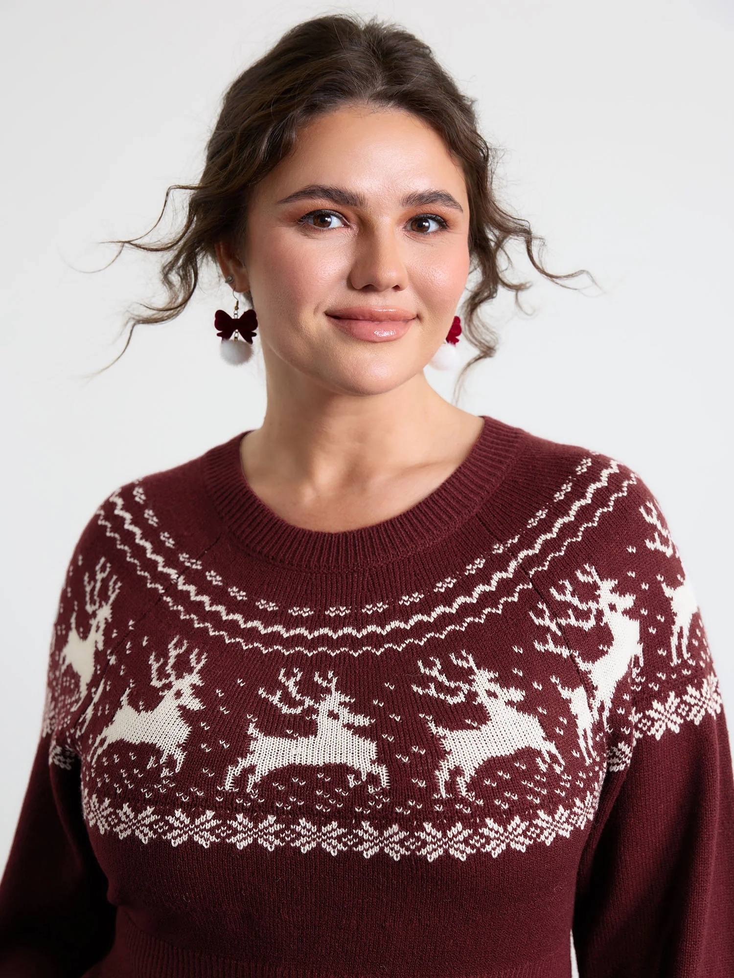 🦌Reindeer Print Cinched Waist Sweater Dress | Cozy Christmas Party Dress