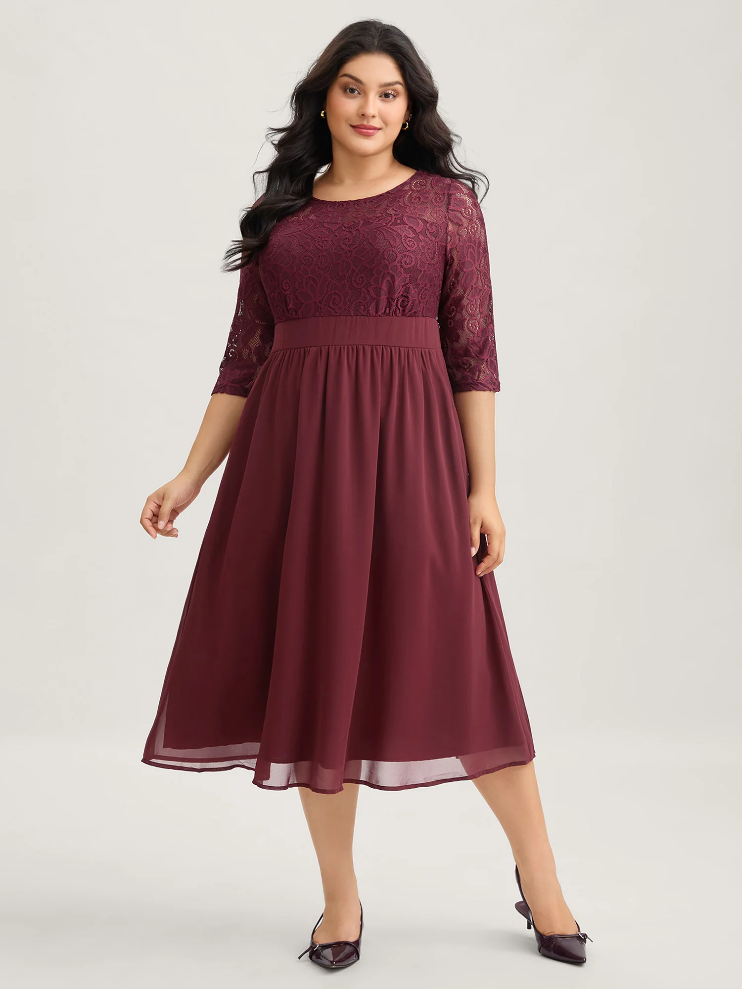 Lace Patchwork Shirred Midi Pocket Dress