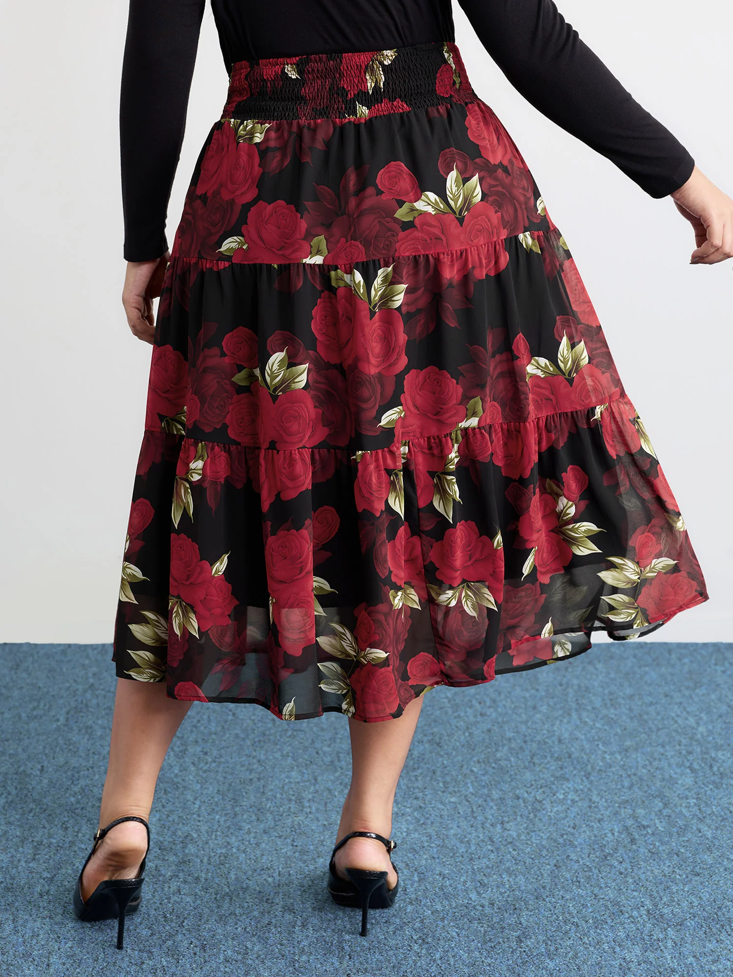 Large Flower Print Wide Waistband Midi Skirt