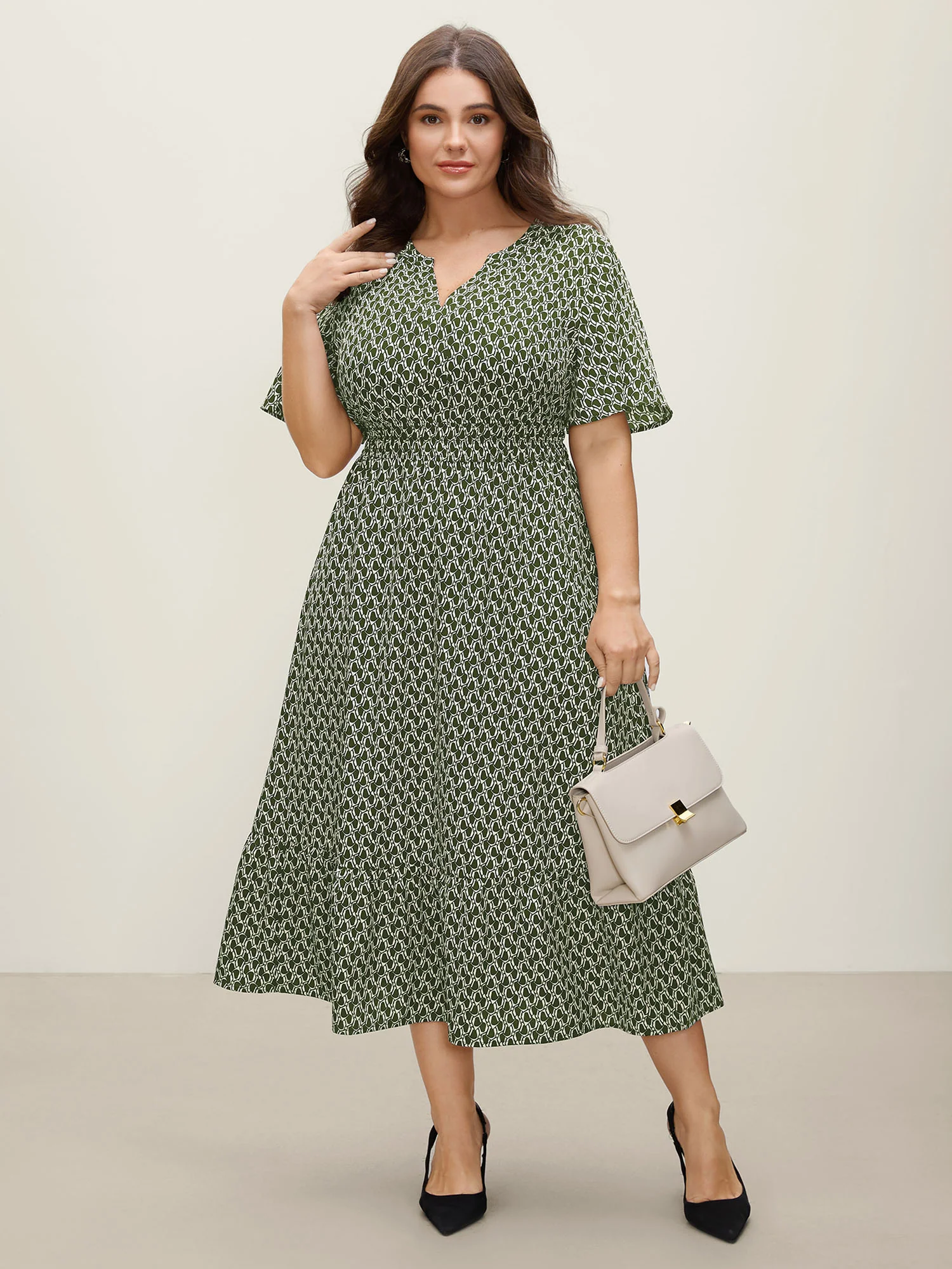 Geometric Print Waist-Cinched Tiered Midi Dress