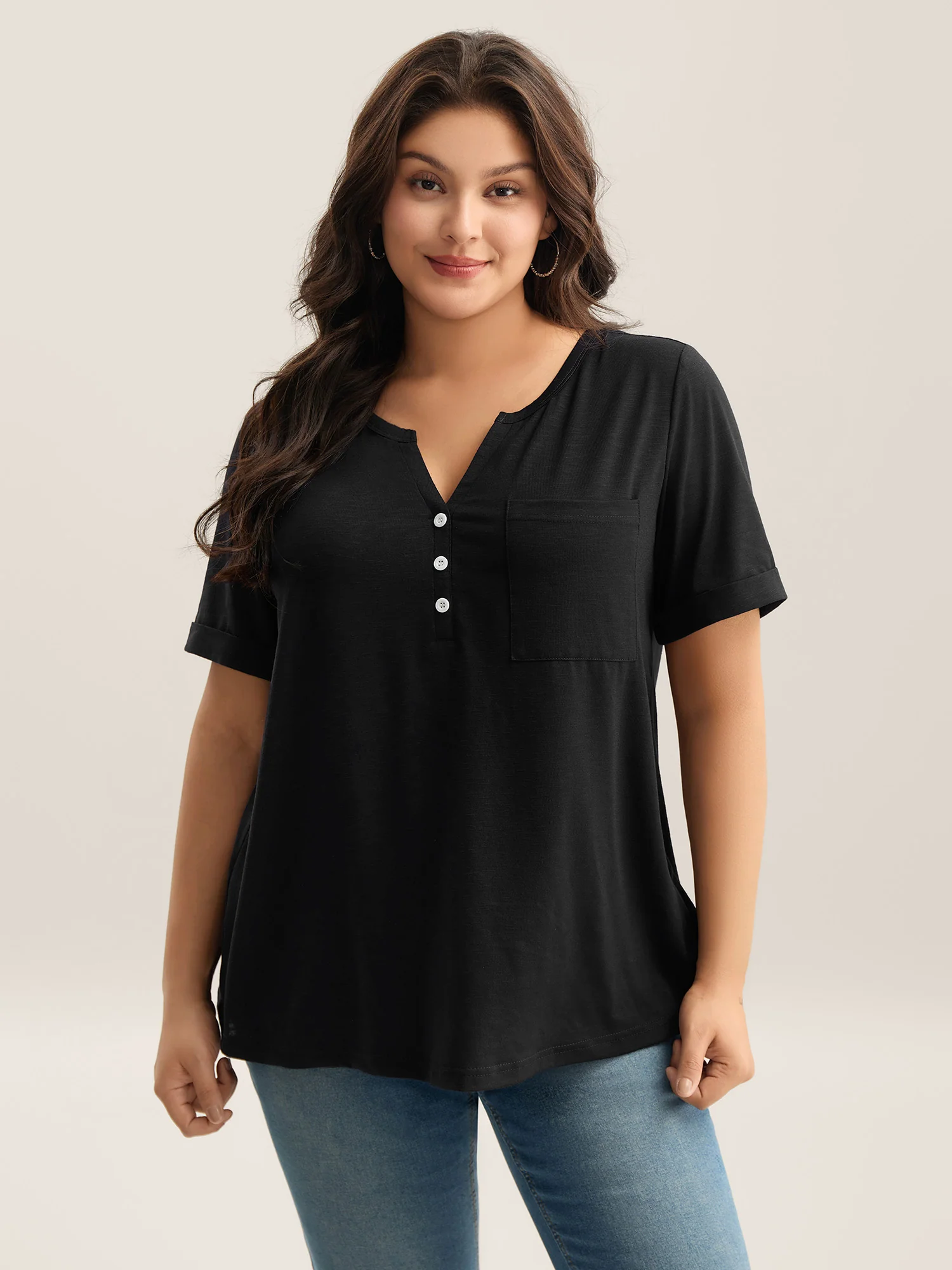Solid Split Neck Button Detail T-Shirt