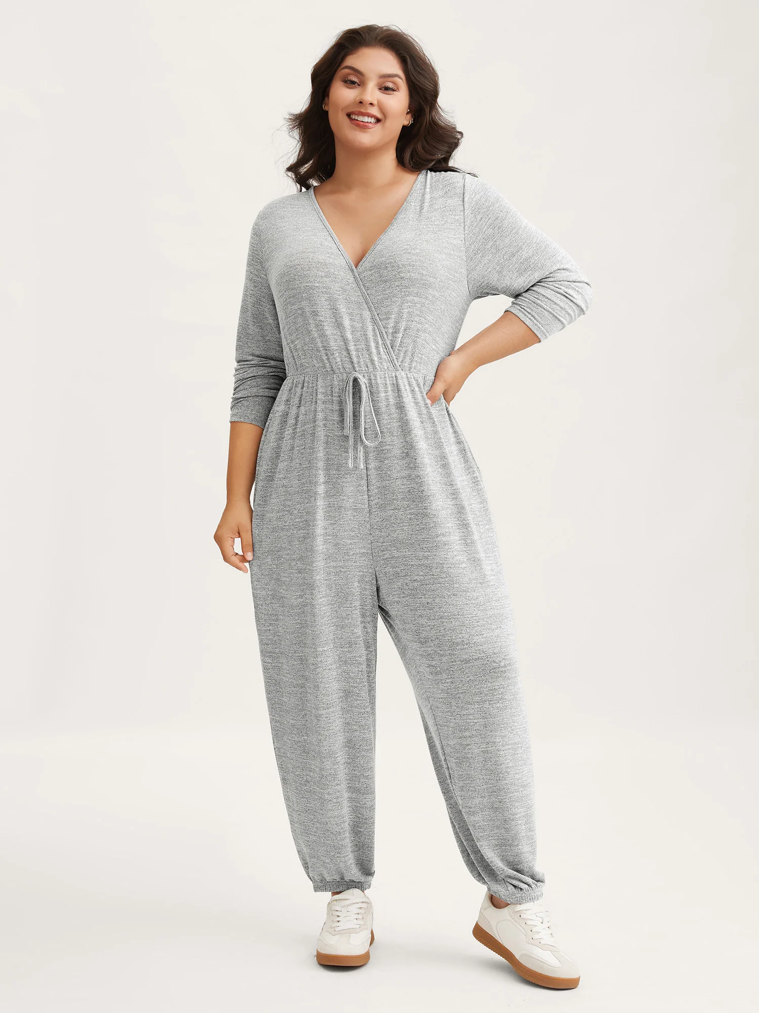 Elastic Waist Overlap Collar Lounge Jumpsuit