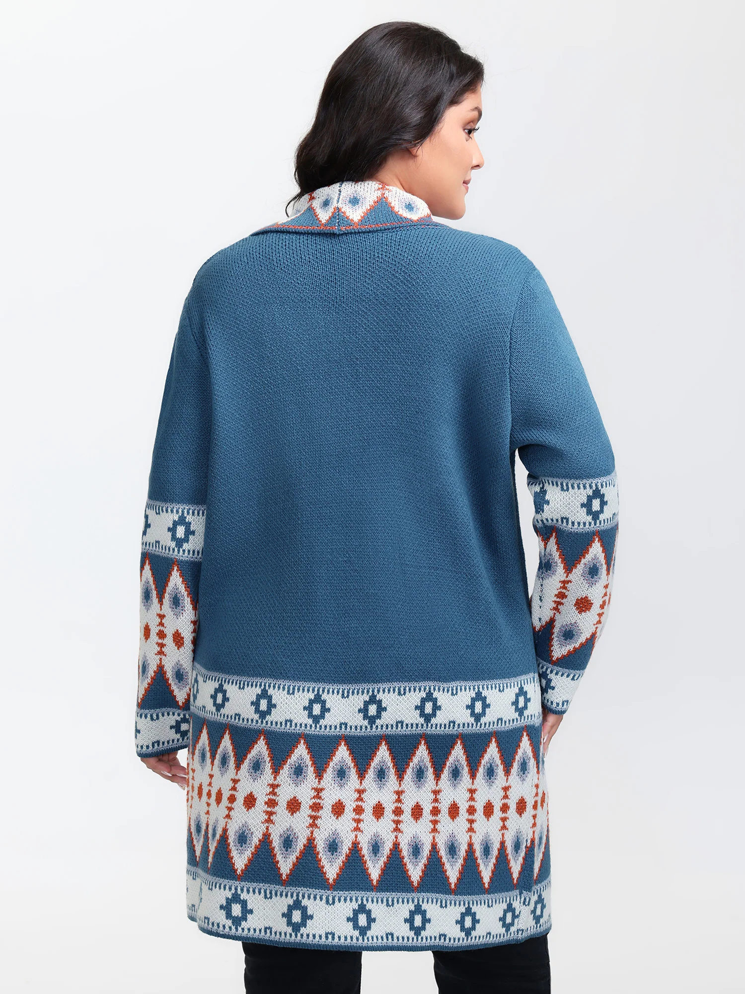 Boho Pattern Jacquard Folded Collar Knit Cardigan