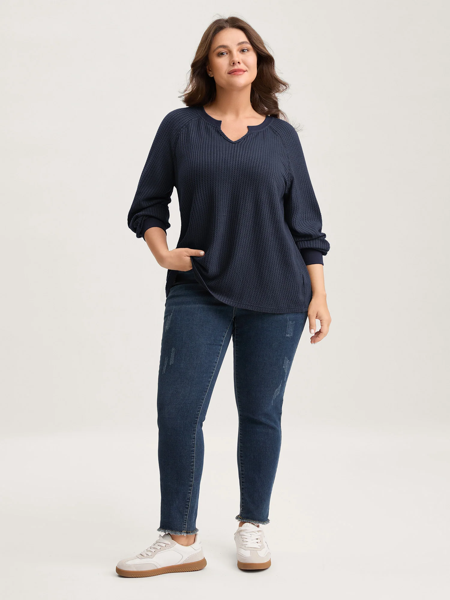 Waffle Grid Notched Collar Lace Sweatshirt