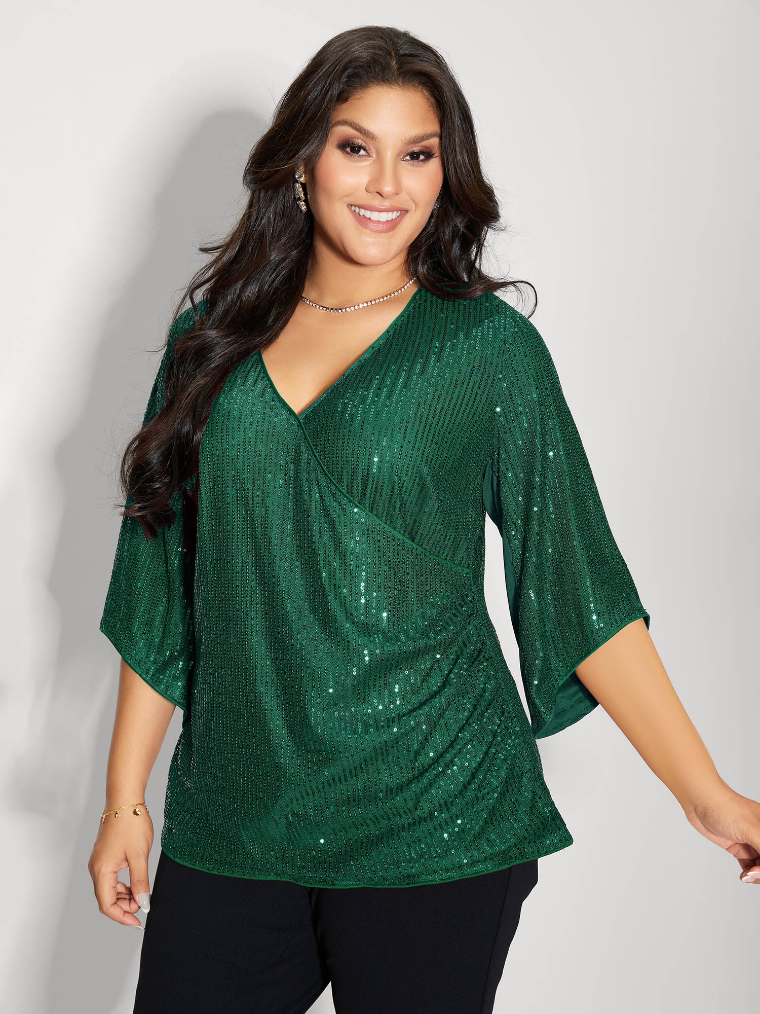 Shimmery Sequin Gathered Flared Sleeve Blouse