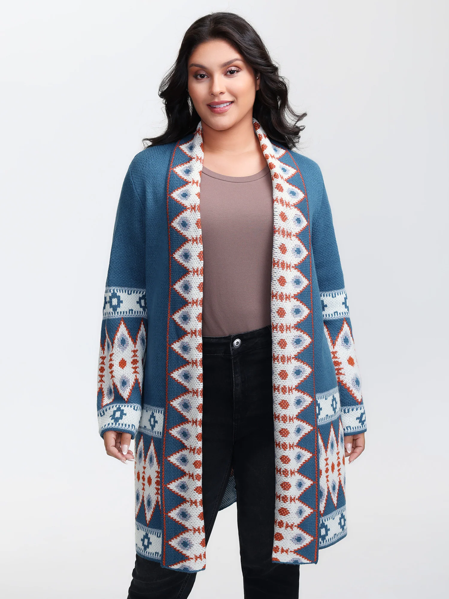 Boho Pattern Jacquard Folded Collar Knit Cardigan