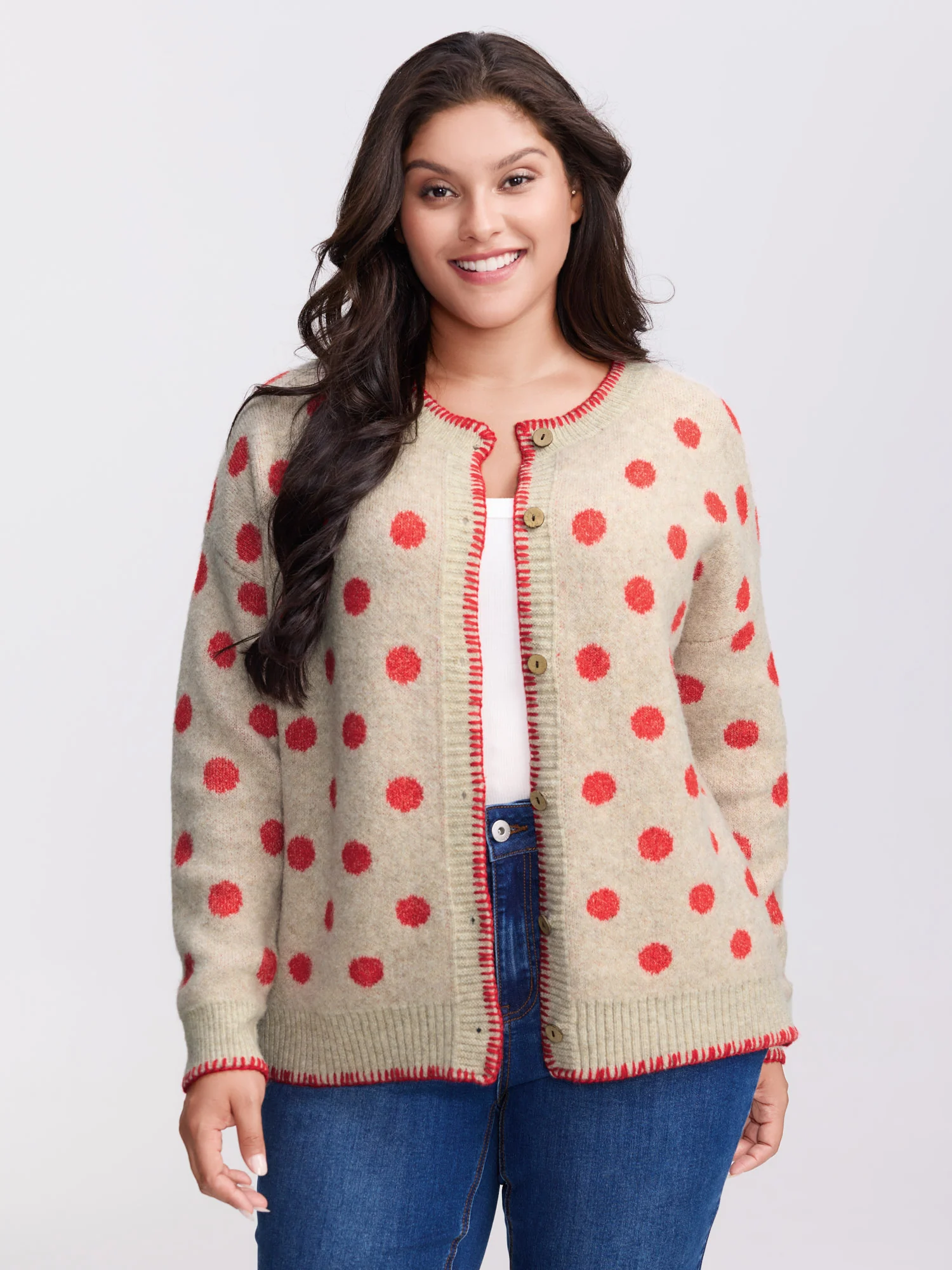 Polka Dots Jacquard Buttons Knit Cardigan