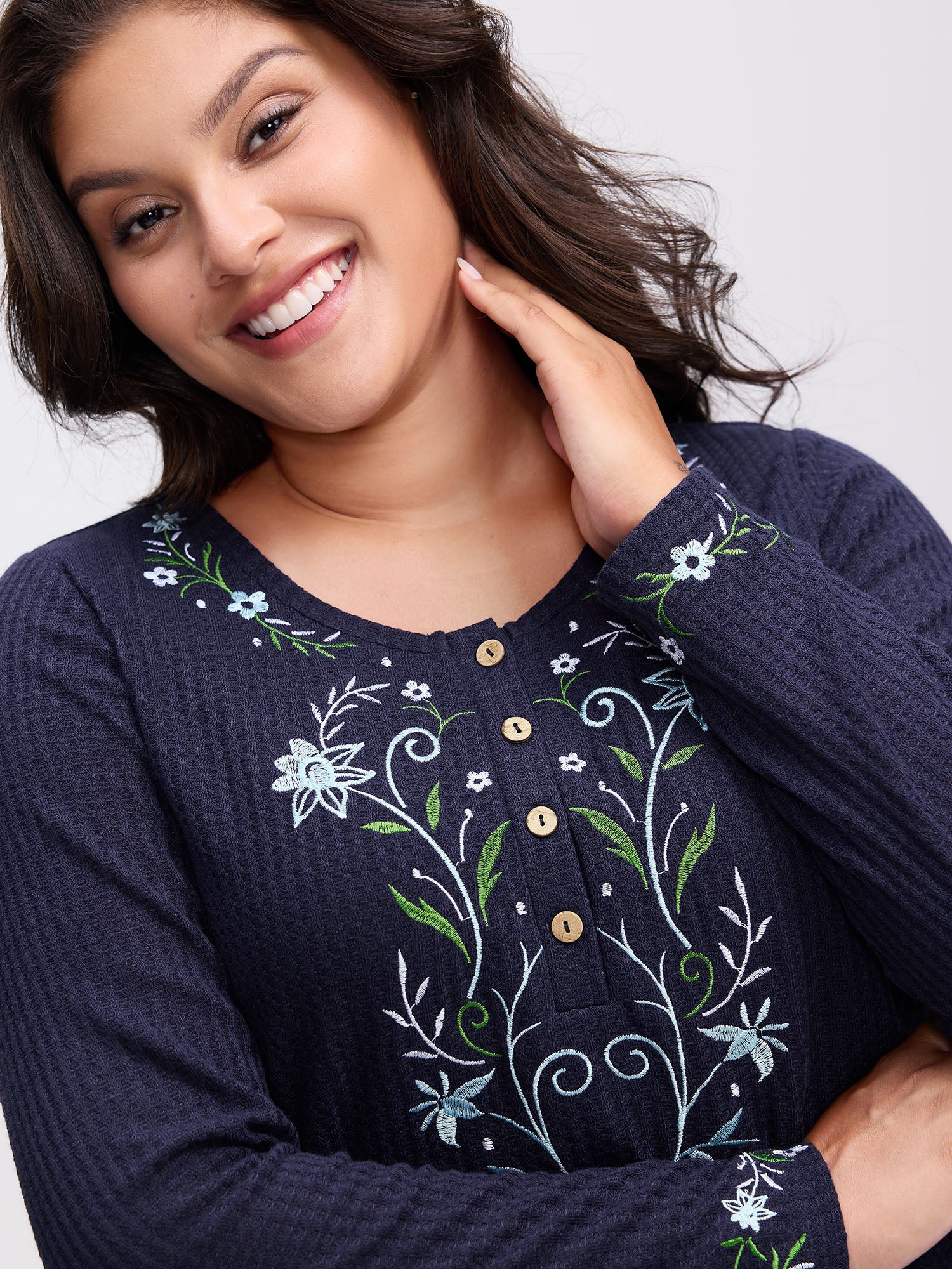 Floral Embroidery Textured Round Neck T-Shirt