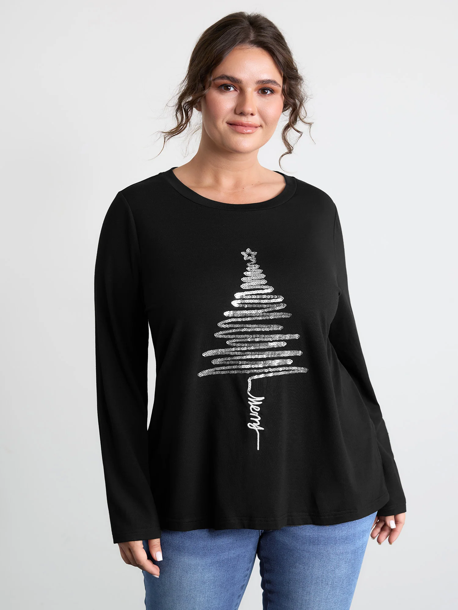 Sequin Cord Embroidered Tree Round Neck T-Shirt