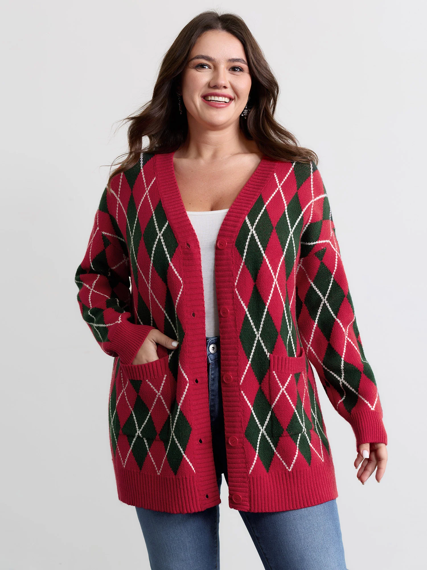 Holiday Checkered Jacquard Knit Cardigan