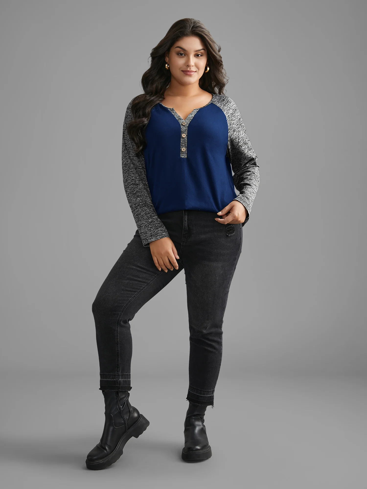 Heather Patchwork Button Detail Stretchy T-Shirt