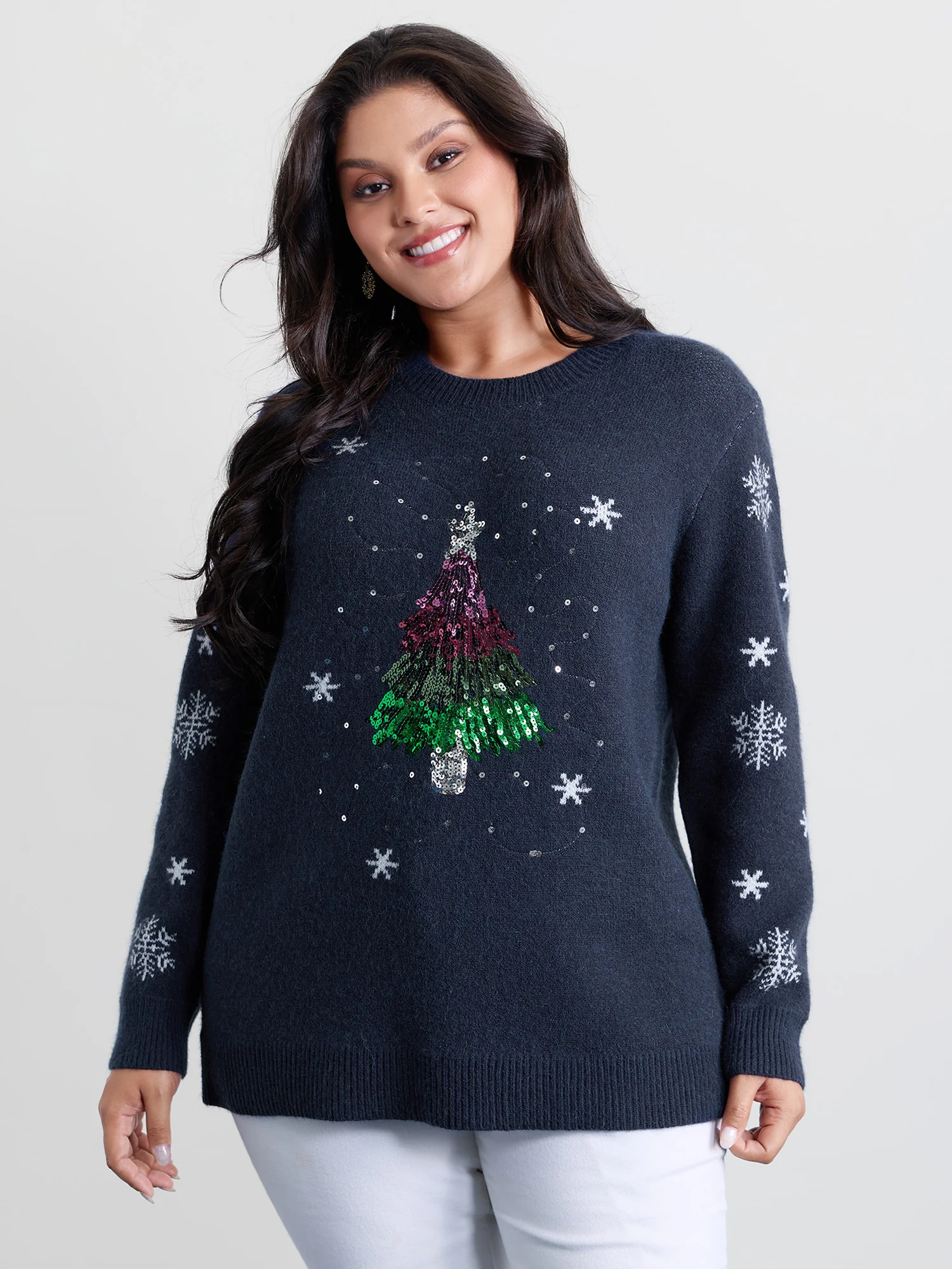 Stretchy Holiday Tree Sequin Embroidery Pullover