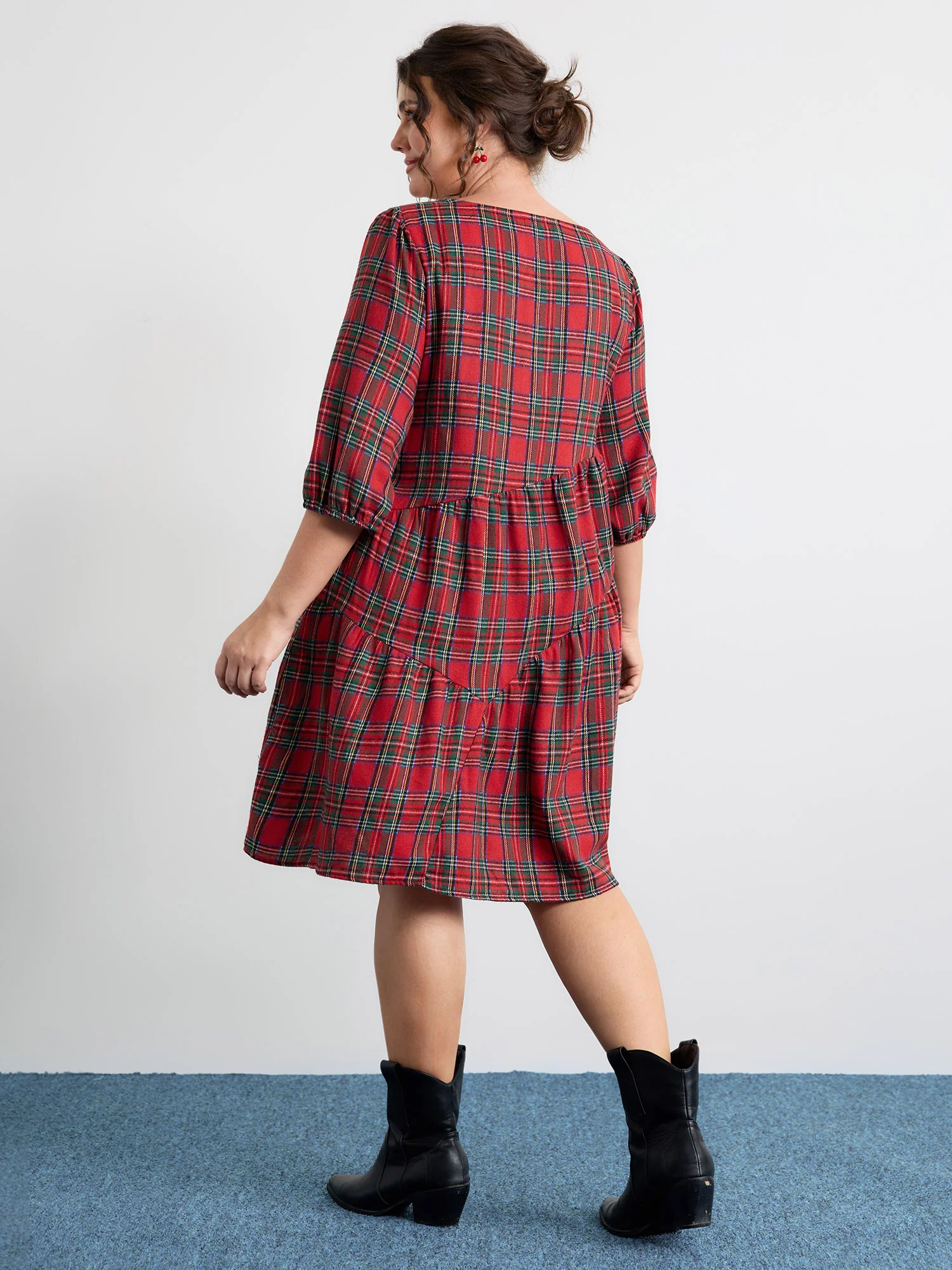 Festive Plaid Wavy Trim Midi Dress