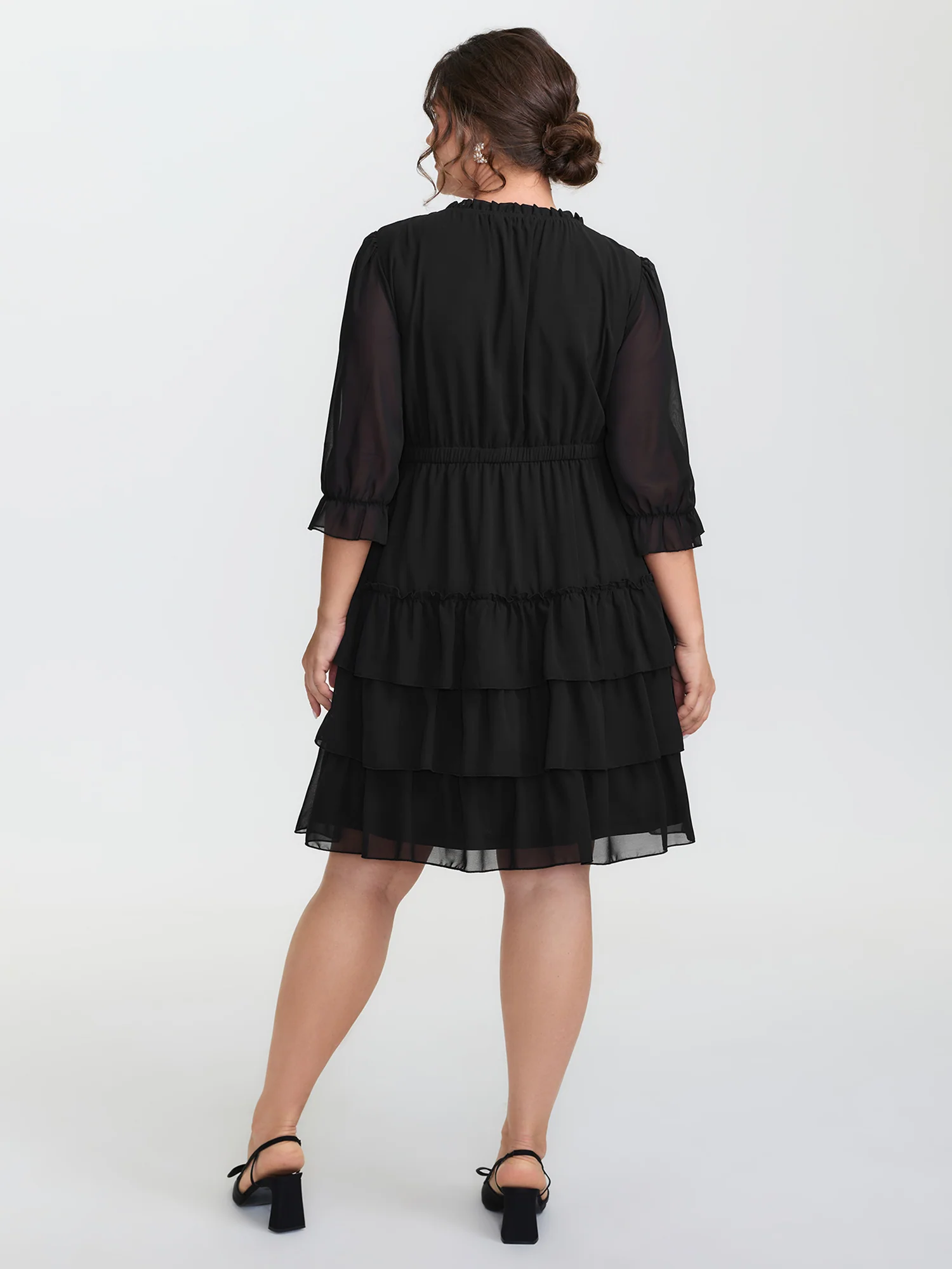 Three-Quarter Sleeve Tulle Skirt Knee-Length Dress