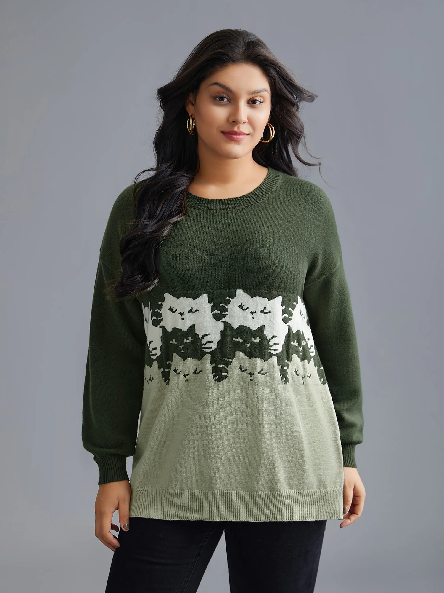 Cat Contrast Drop Shoulder Pullover