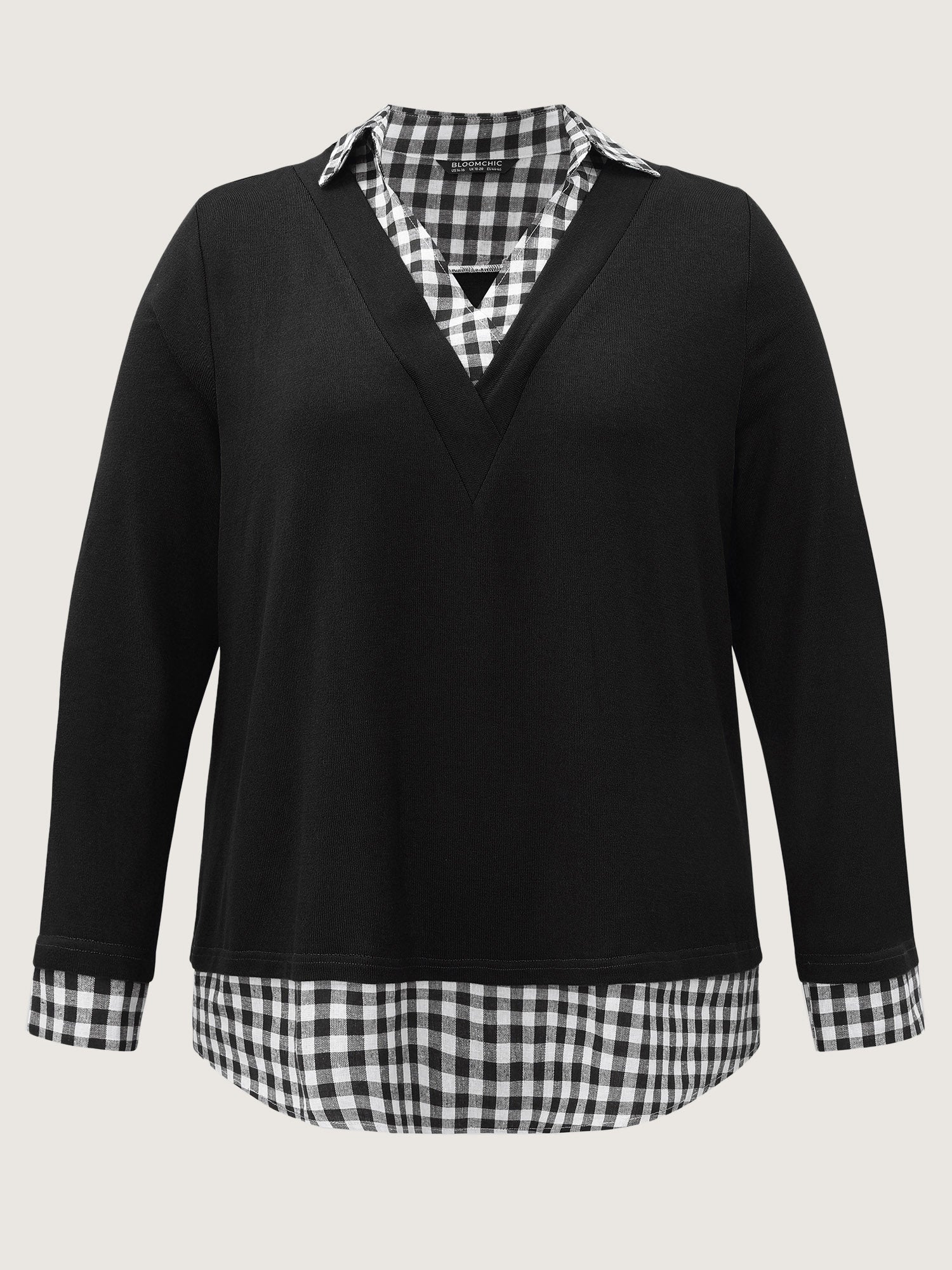 Gingham Patchwork Shirt Collar Arc Hem Sweatshirt