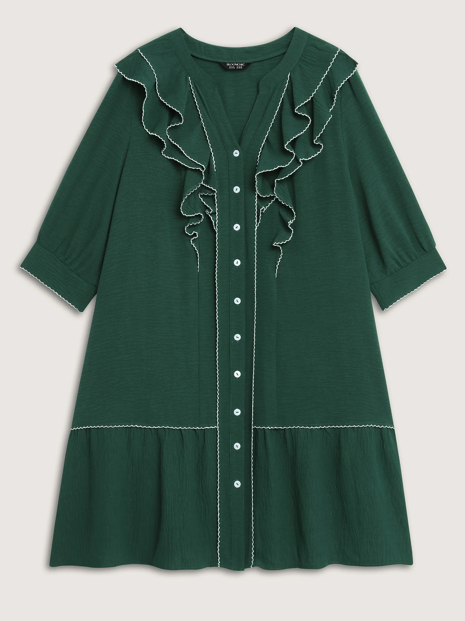 Ruffled Neck Tiered Button Knee-Length Dress