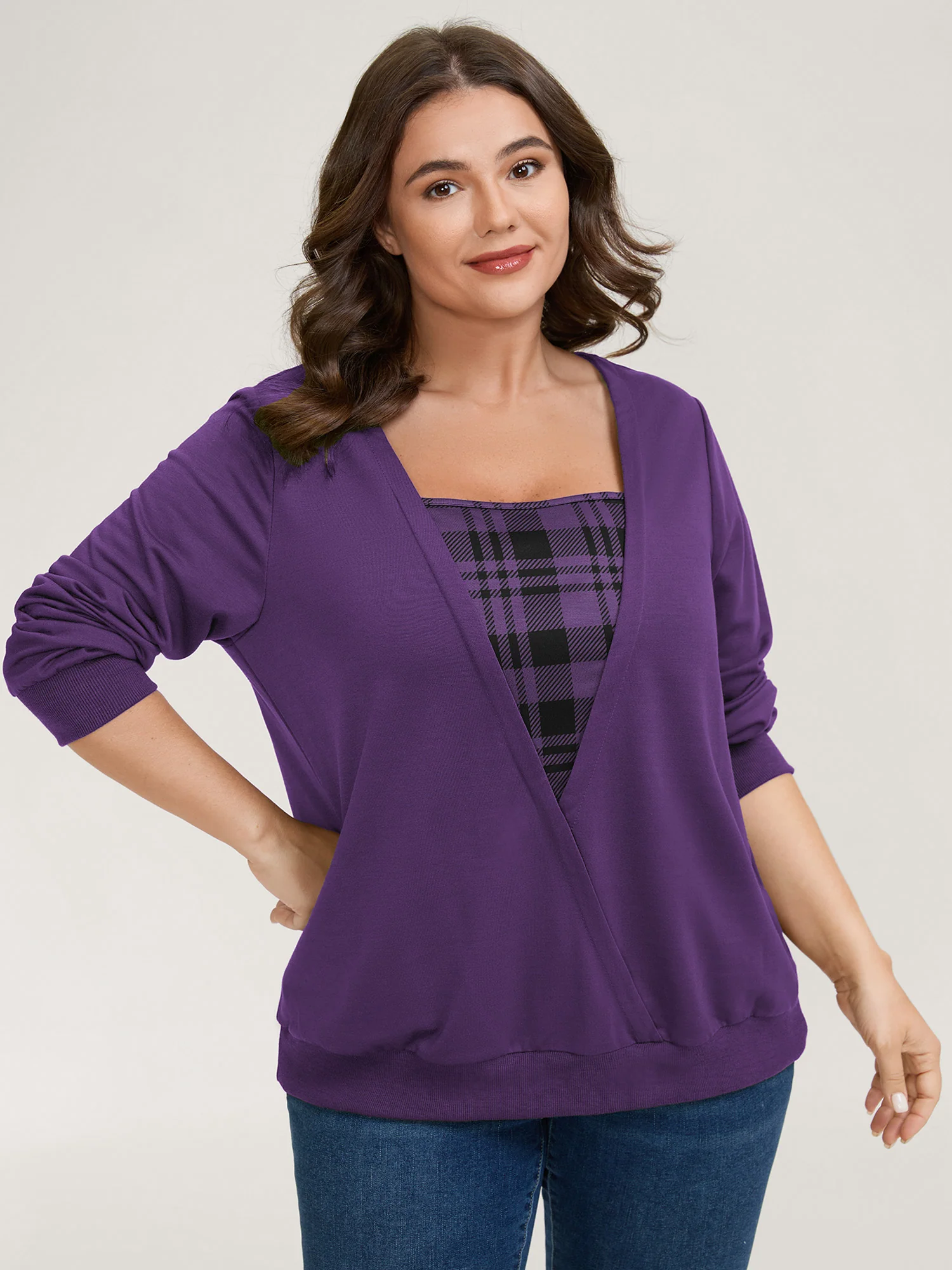 Plaid Spliced Wrap Contrast Sweatshirt