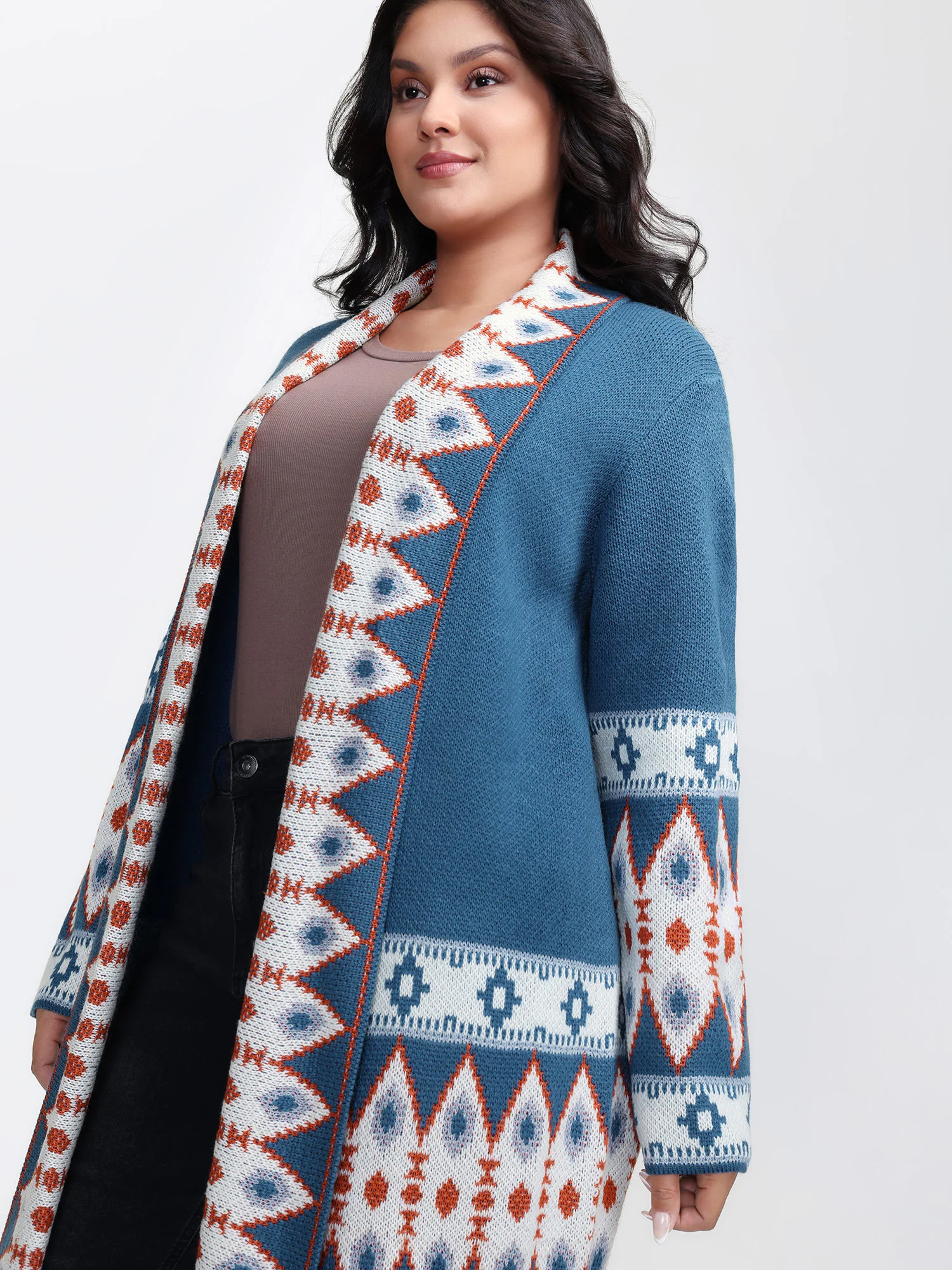 Boho Pattern Jacquard Folded Collar Knit Cardigan